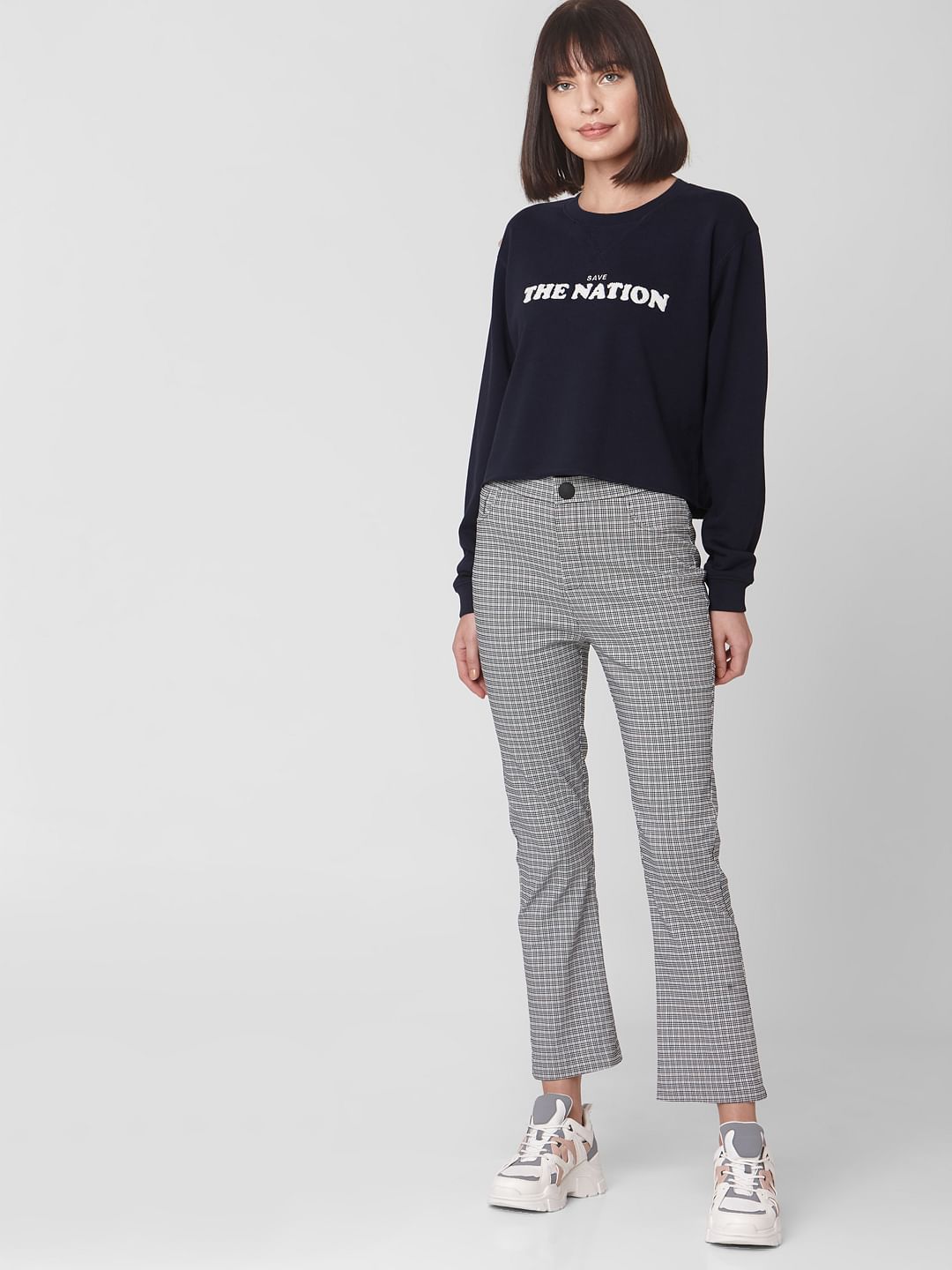 Blue Text Print Cropped Sweatshirt