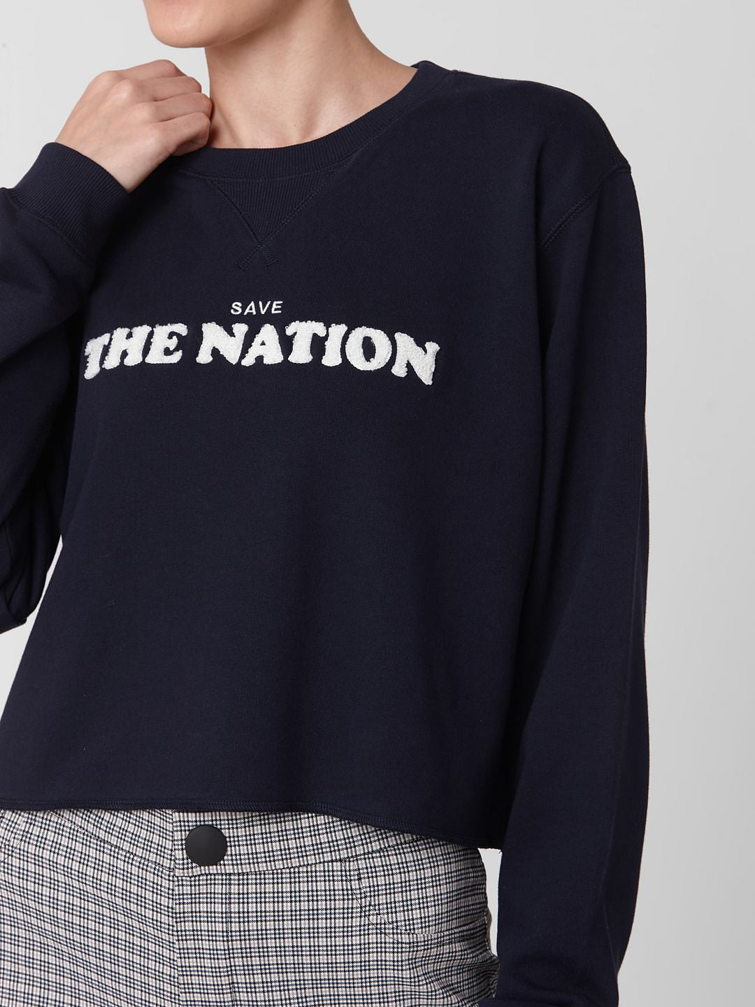 Blue Text Print Cropped Sweatshirt