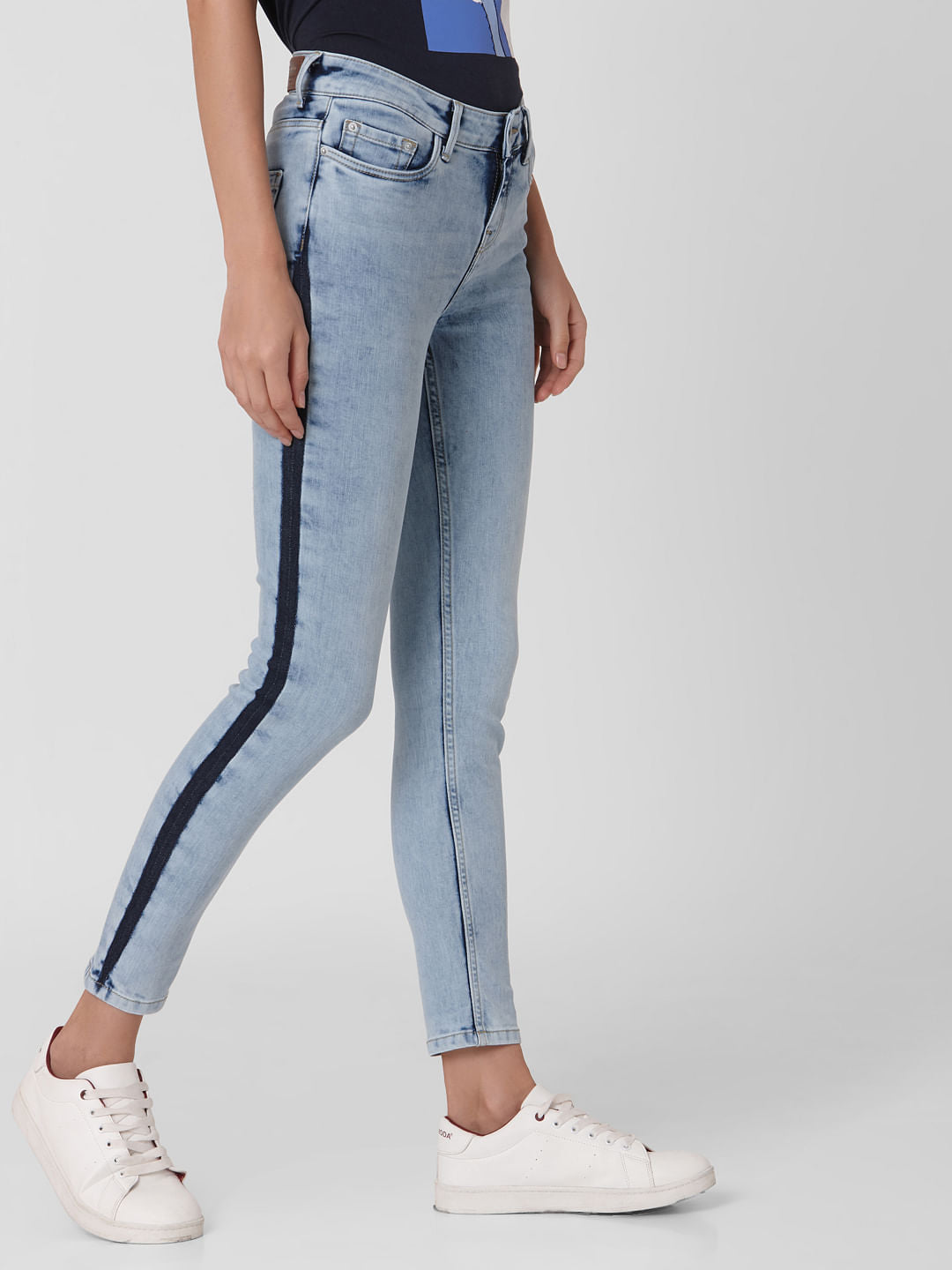 Light Blue Mid Rise Side Wash Detail Skinny Jeans