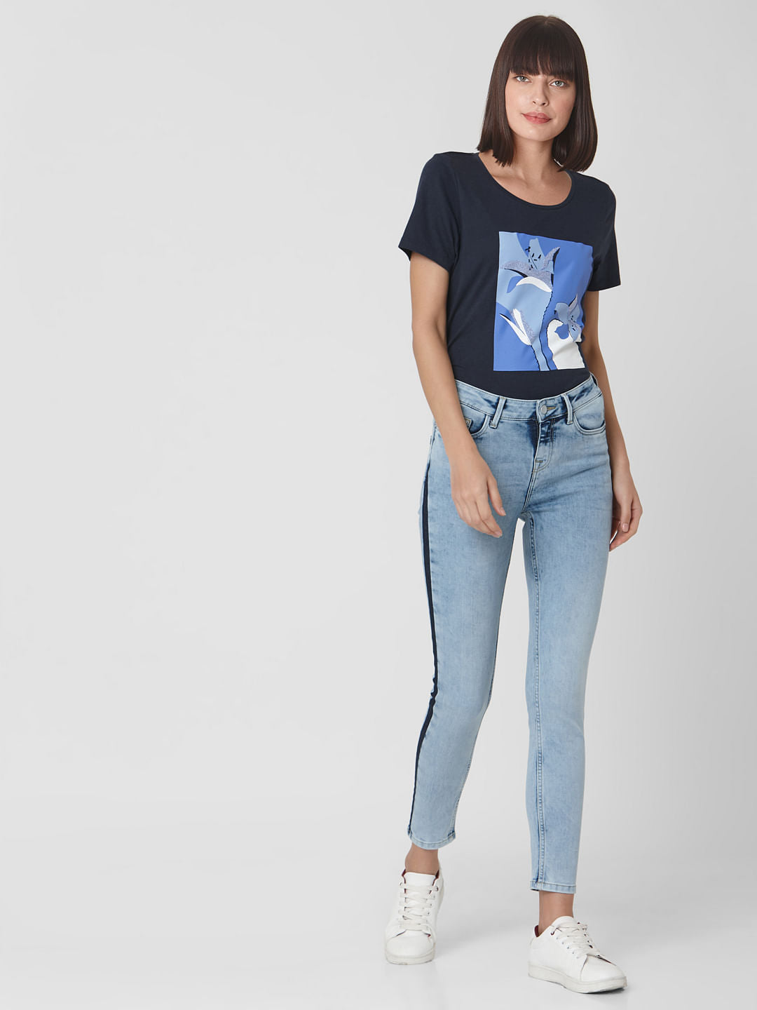 Light Blue Mid Rise Side Wash Detail Skinny Jeans