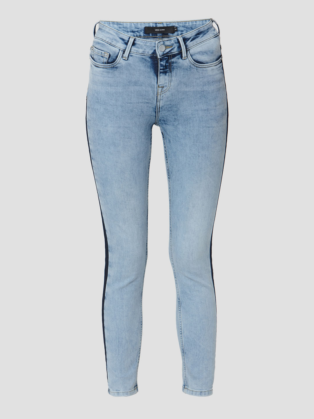 Light Blue Mid Rise Side Wash Detail Skinny Jeans