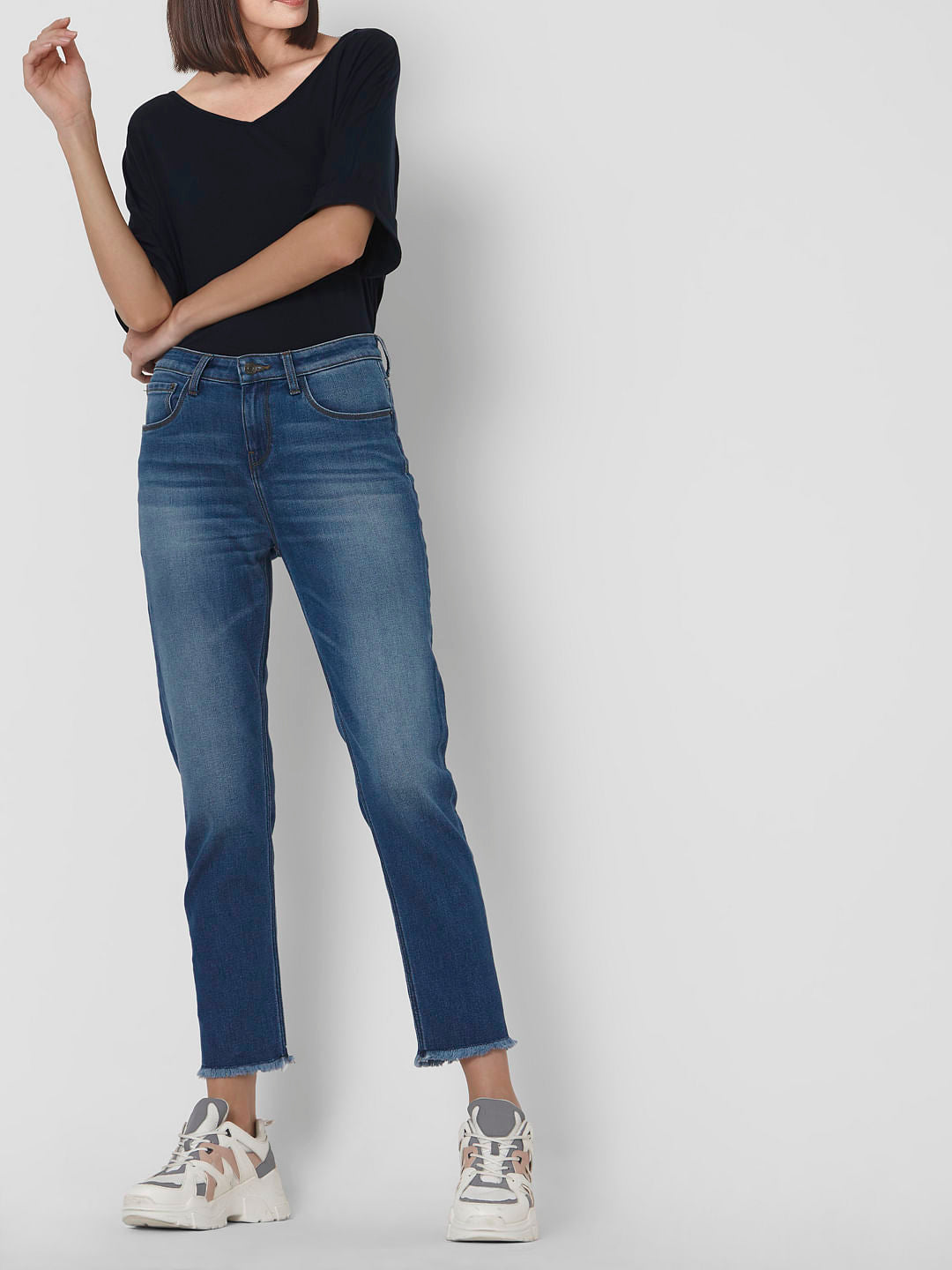 Blue Mid Rise Girlfriend Jeans