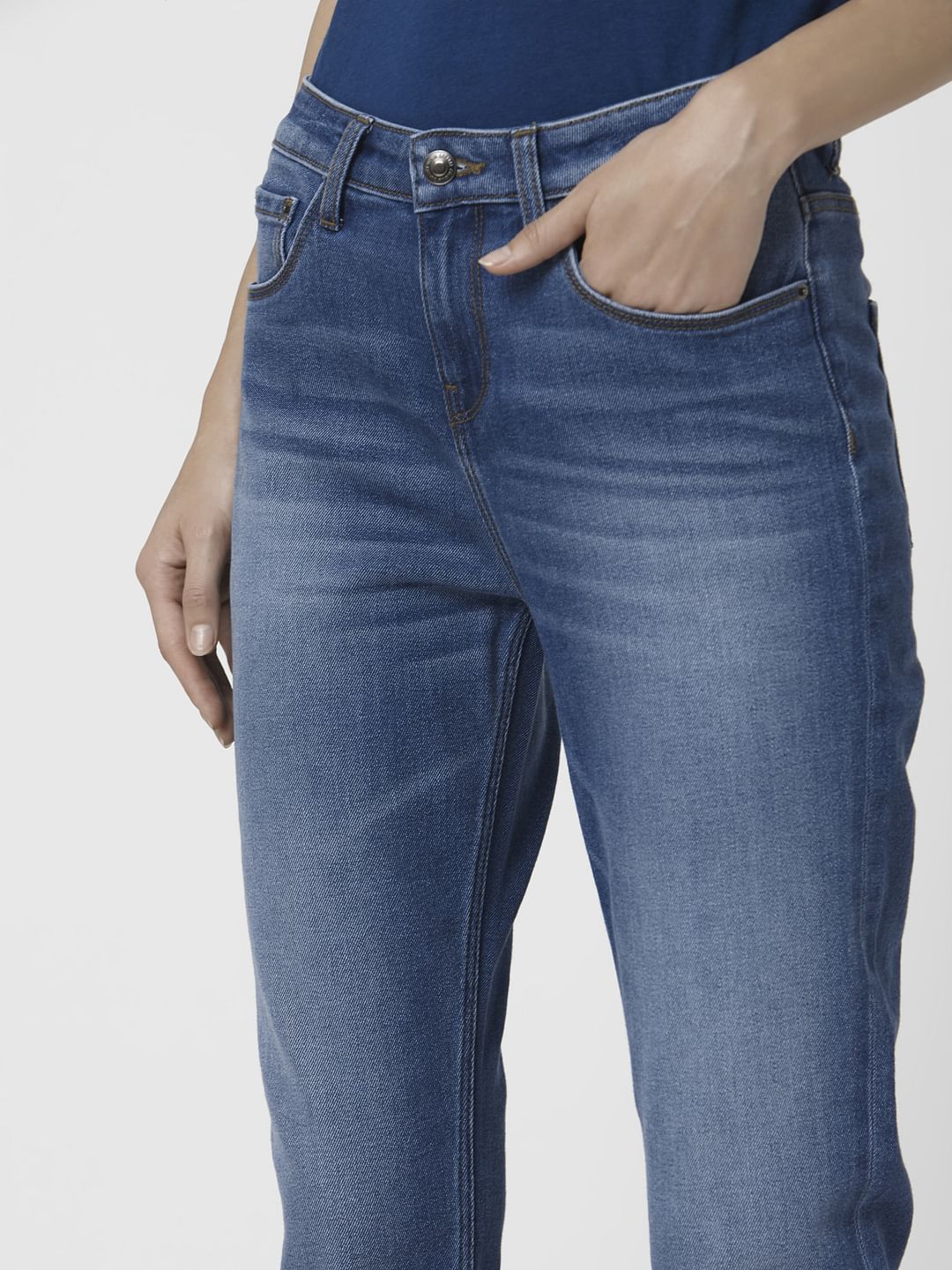 Blue Mid Rise Girlfriend Jeans