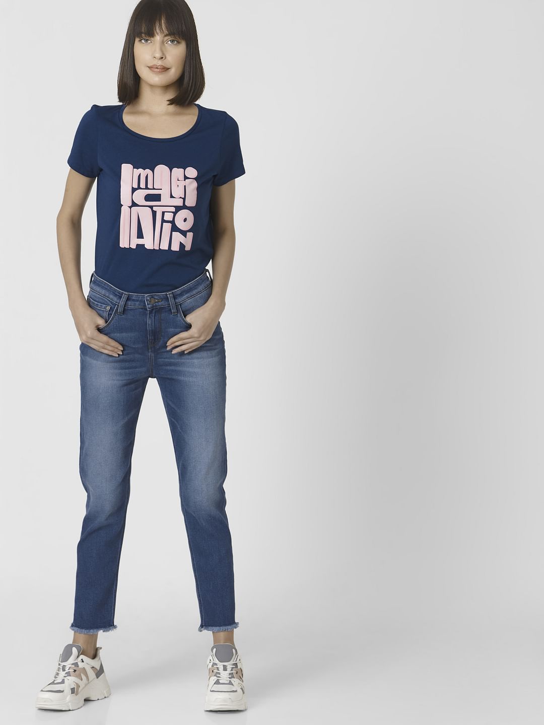 Blue Mid Rise Girlfriend Jeans