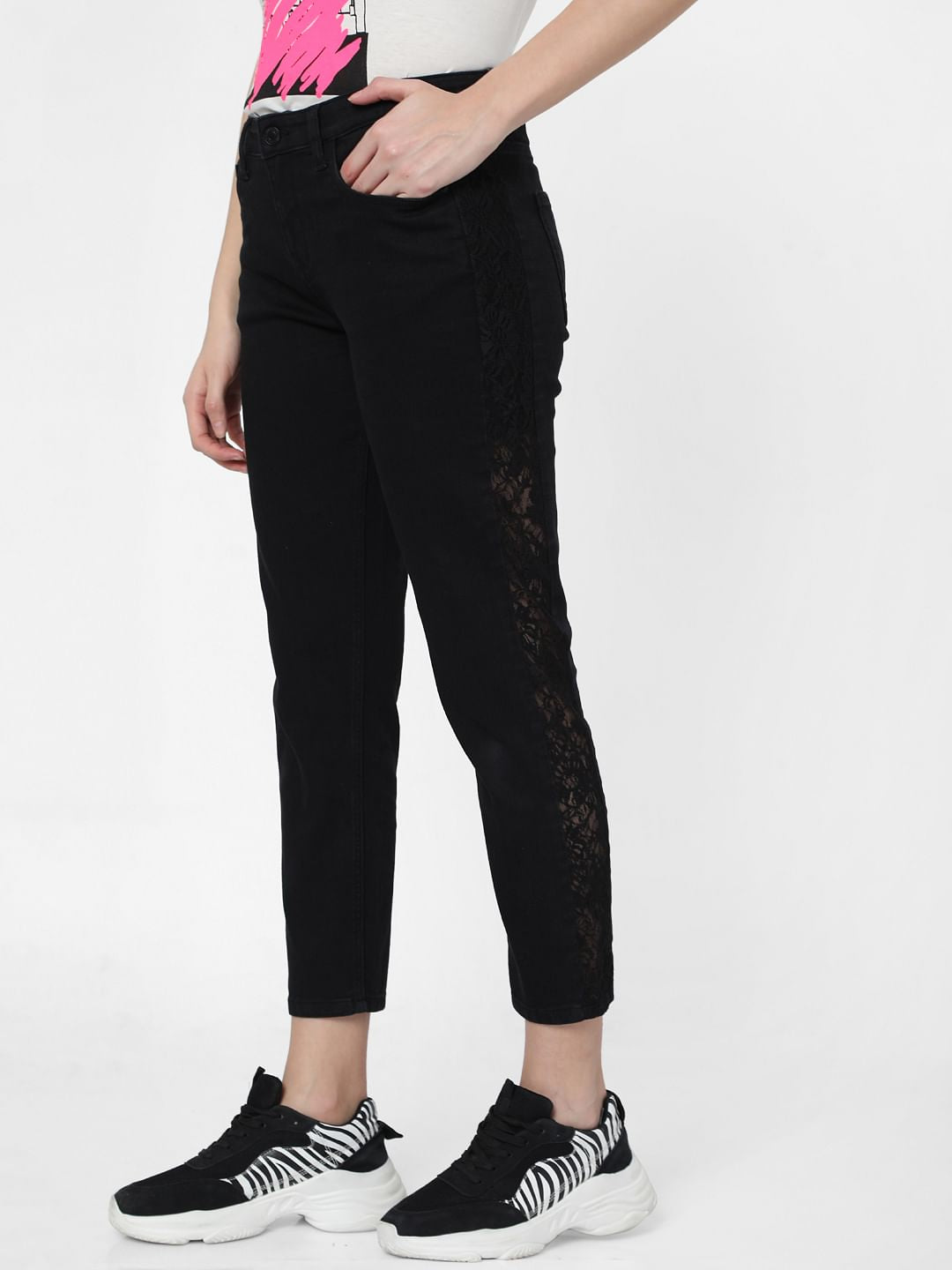 Black Mid Rise Lace Side Panel Girlfriend Jeans