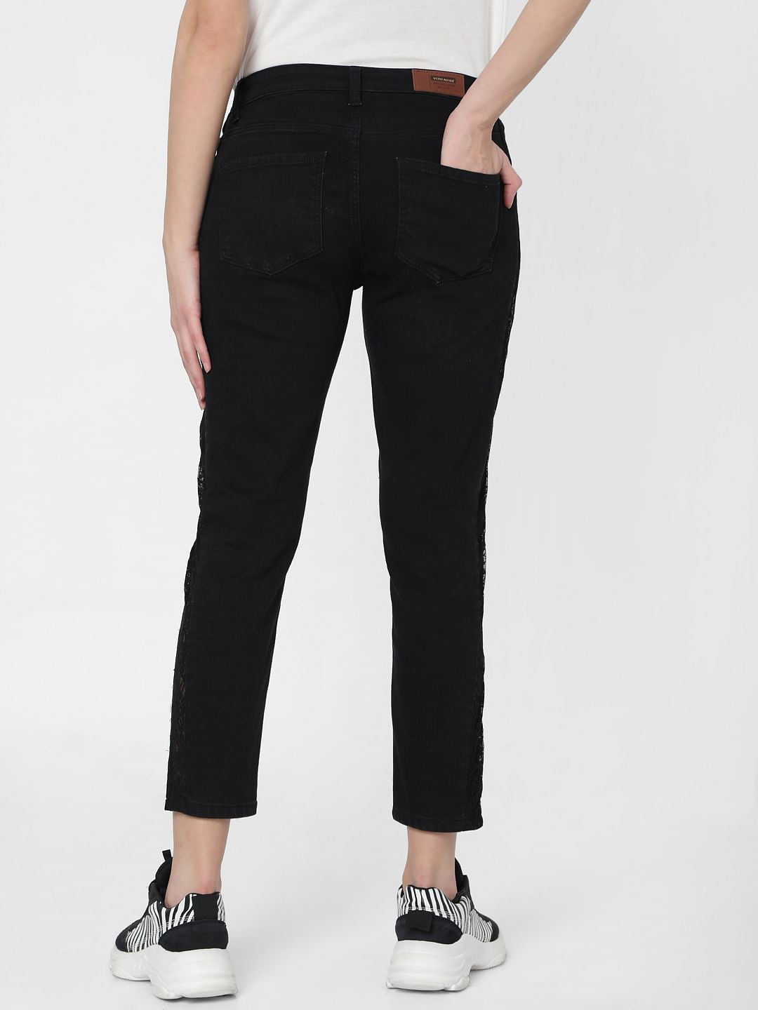 Black Mid Rise Lace Side Panel Girlfriend Jeans