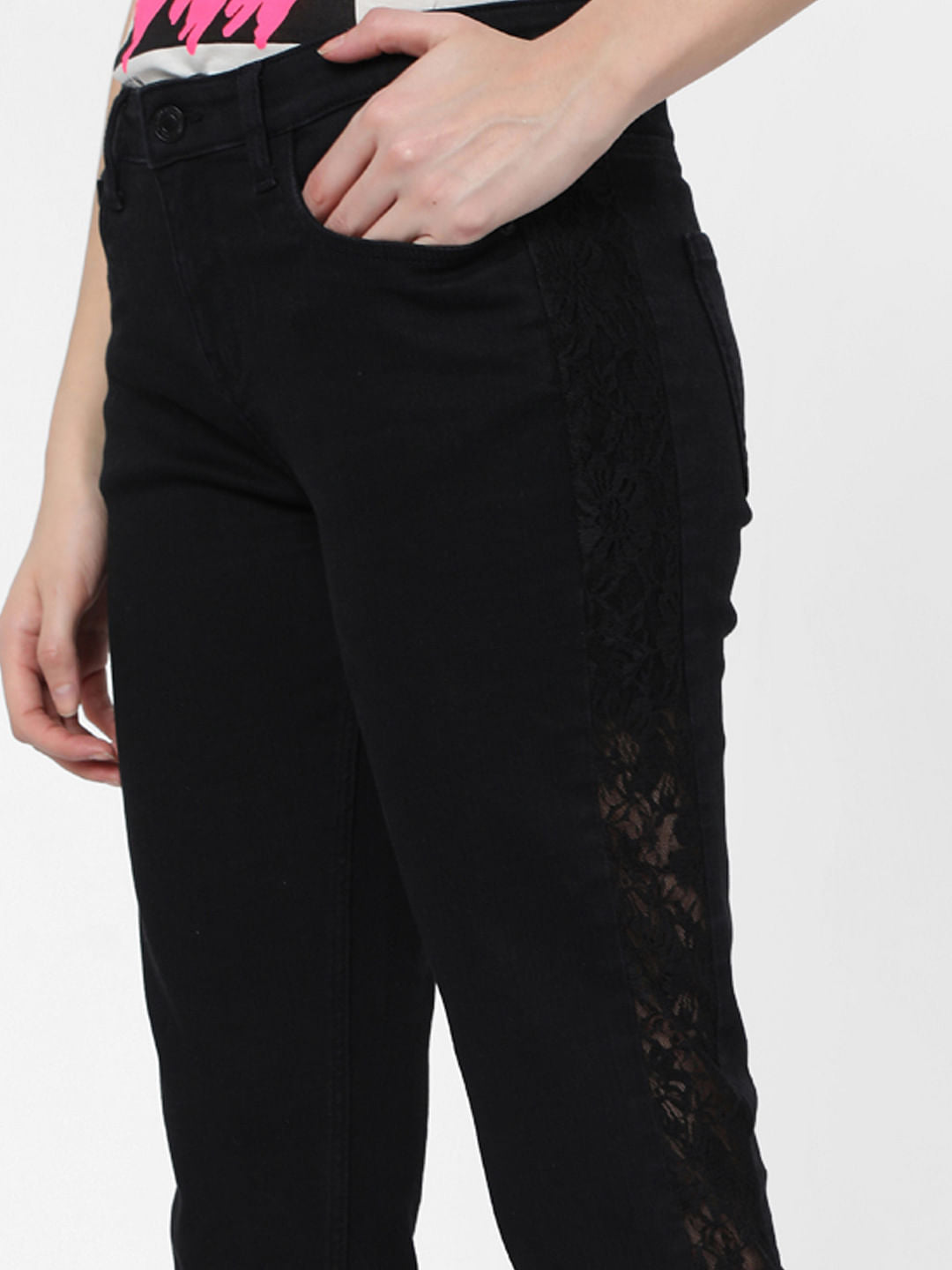 Black Mid Rise Lace Side Panel Girlfriend Jeans