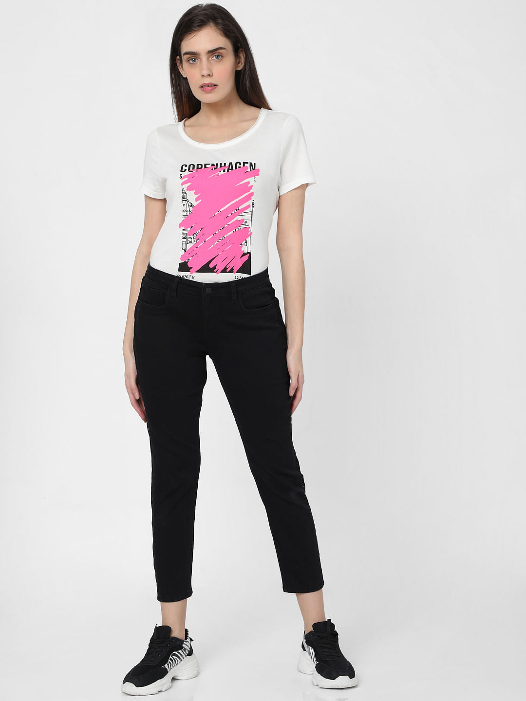 Black Mid Rise Lace Side Panel Girlfriend Jeans