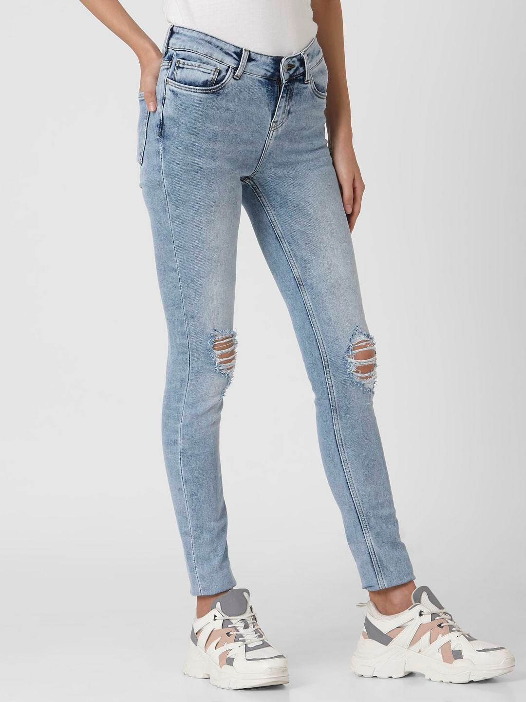 Light Blue Mid Rise Ripped Skinny Jeans