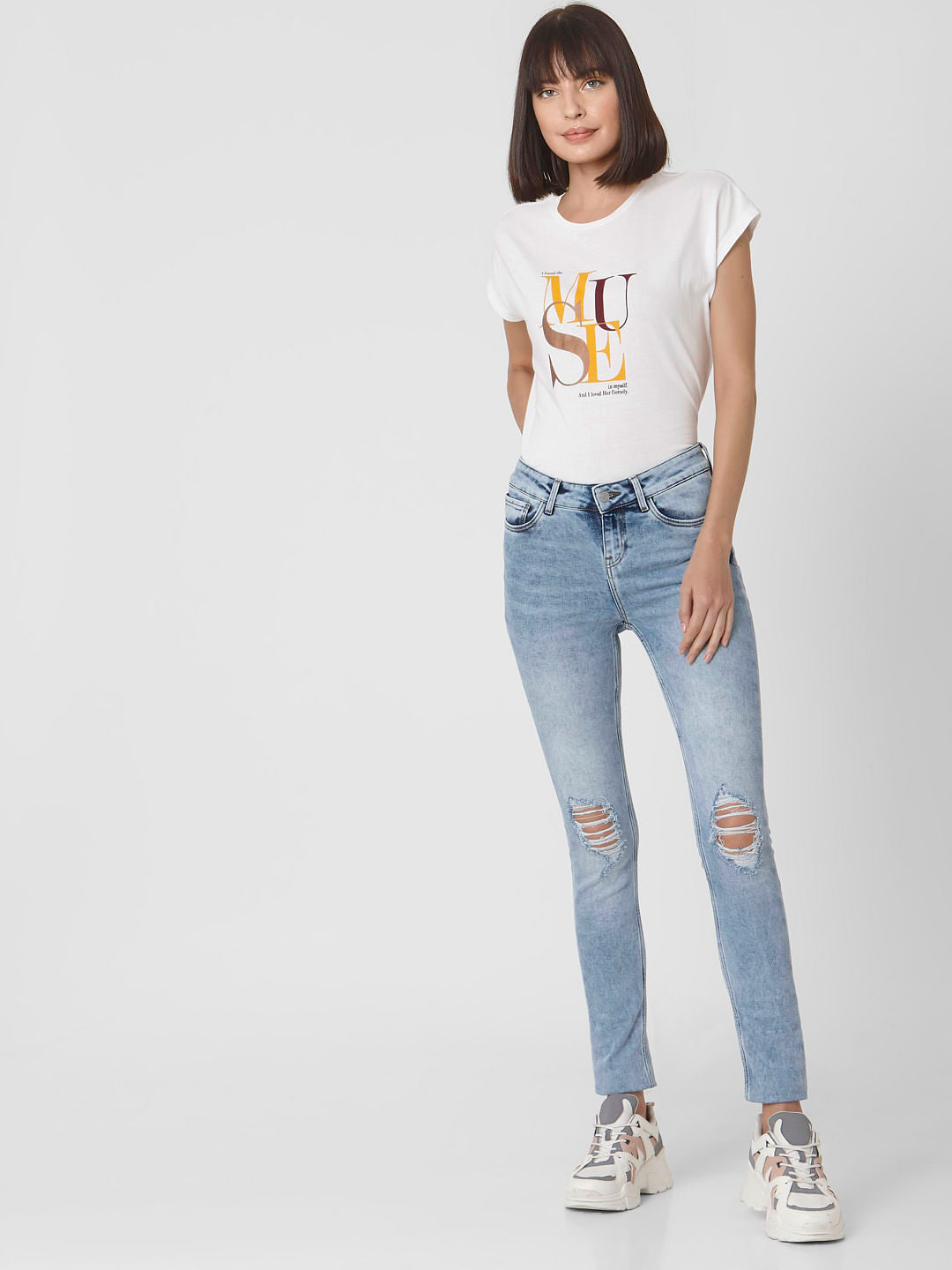 Light Blue Mid Rise Ripped Skinny Jeans