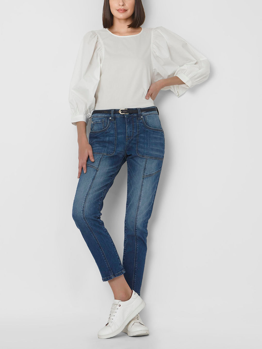 Blue Mid Rise Patch Pocket Girlfriend Jeans