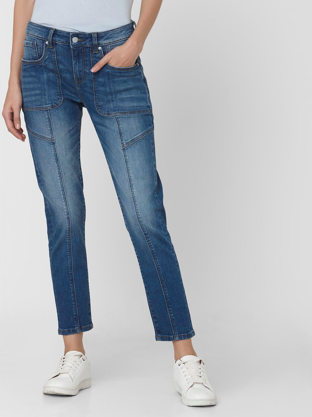 Blue Mid Rise Patch Pocket Girlfriend Jeans