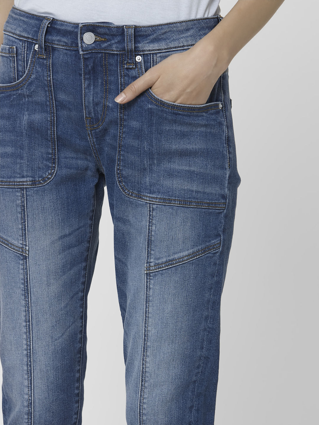 Blue Mid Rise Patch Pocket Girlfriend Jeans