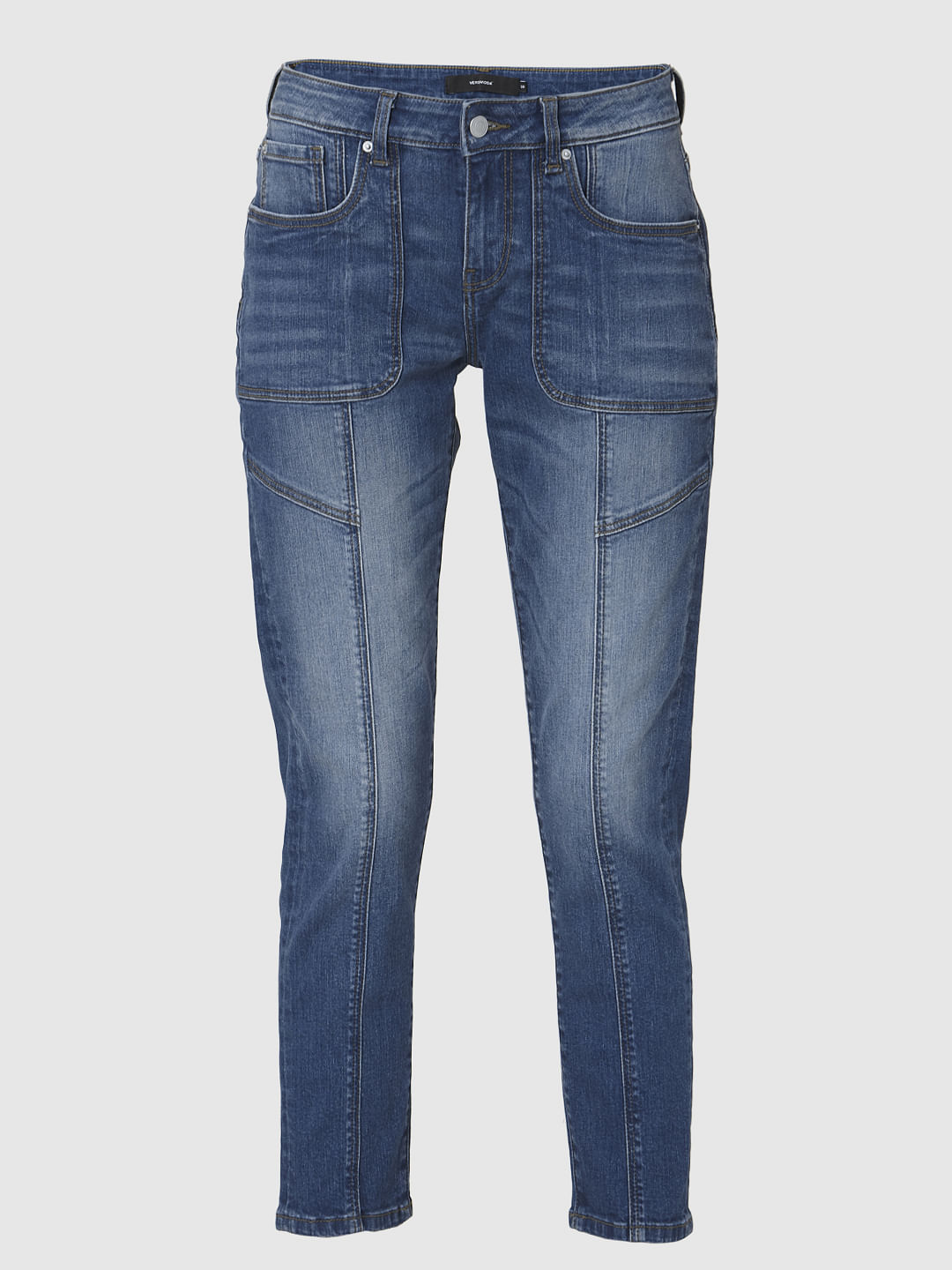 Blue Mid Rise Patch Pocket Girlfriend Jeans
