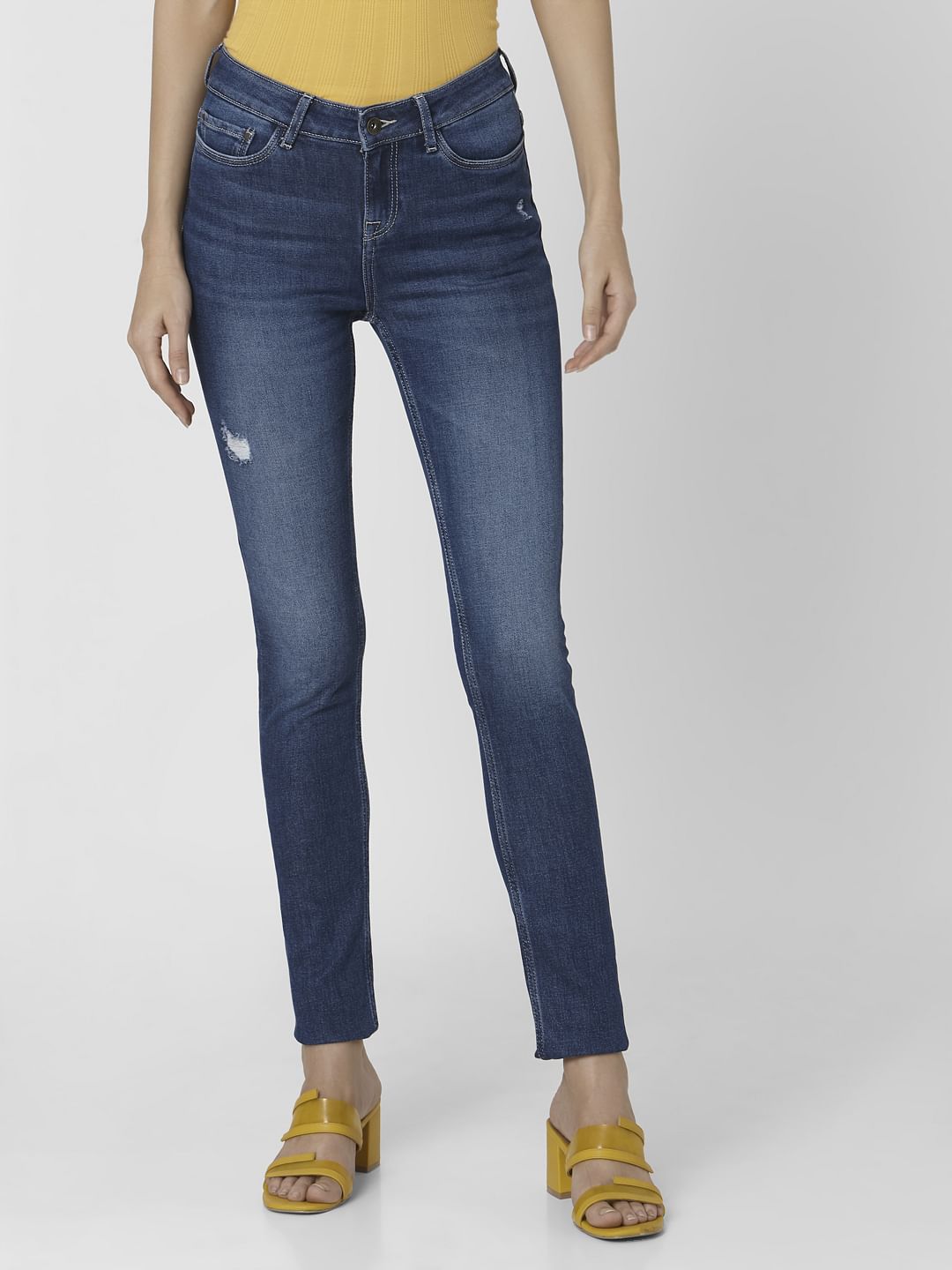 Dark Blue Mid Rise Ripped Skinny Jeans