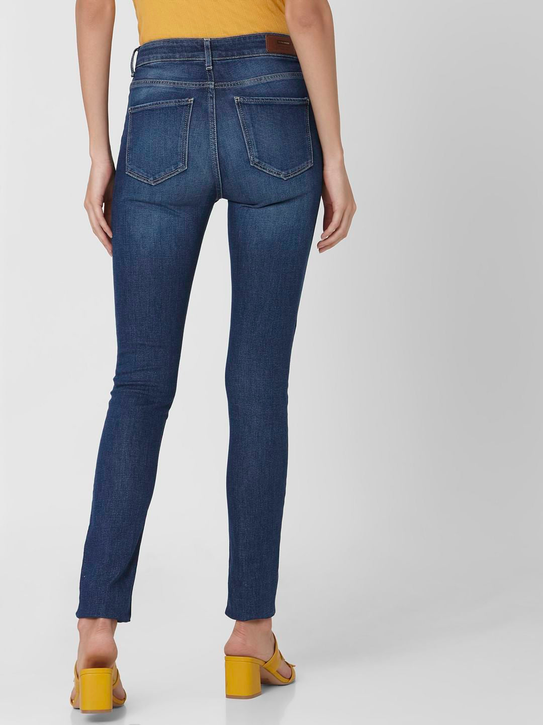 Dark Blue Mid Rise Ripped Skinny Jeans