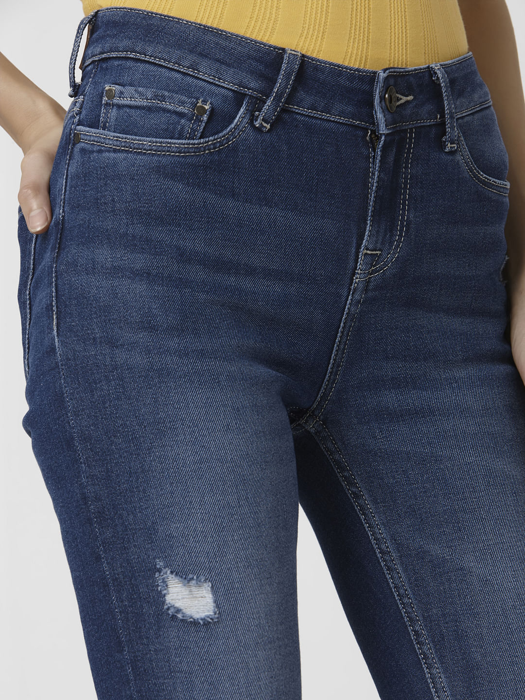 Dark Blue Mid Rise Ripped Skinny Jeans