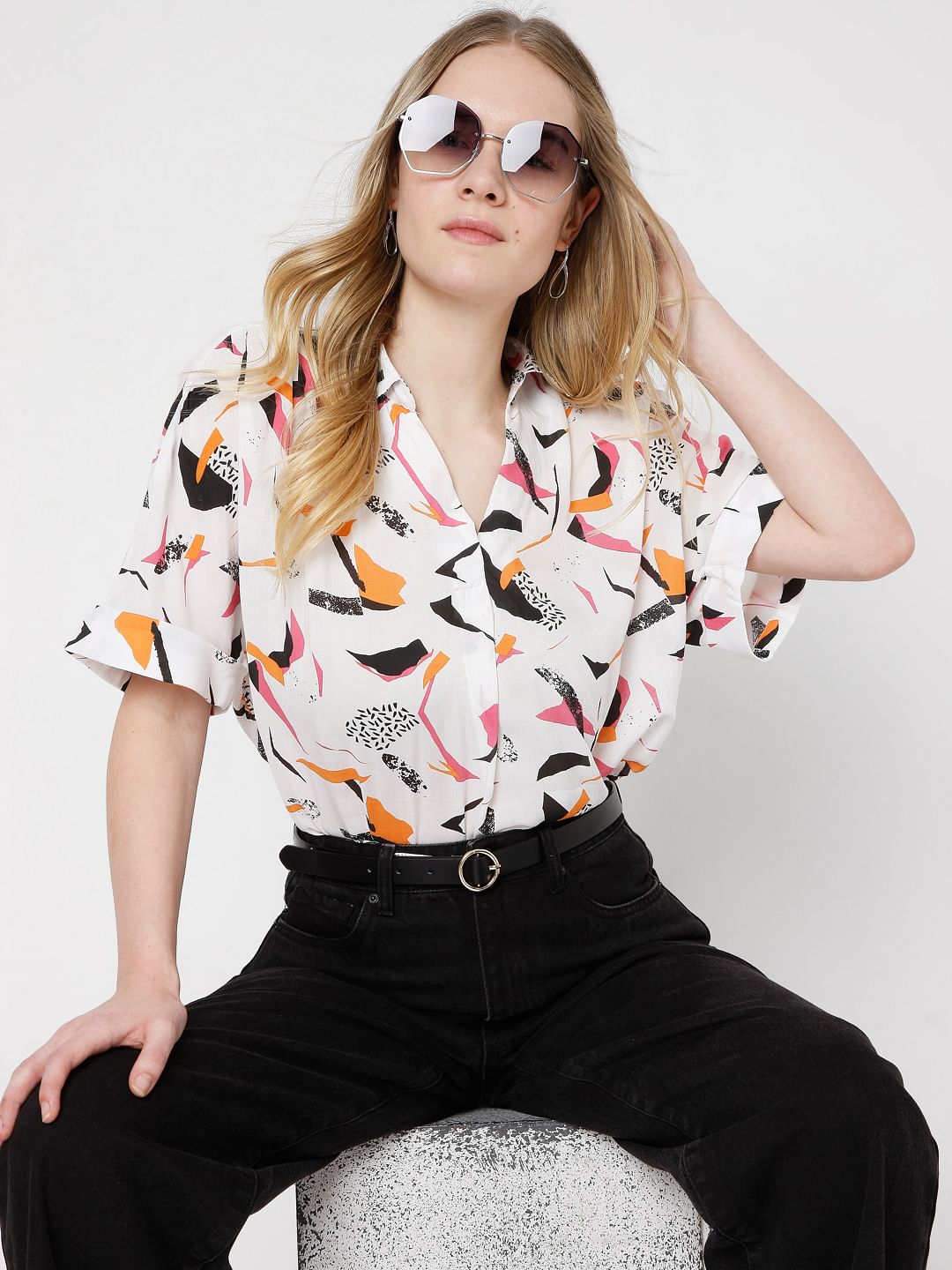 White Abstract Print Shirt