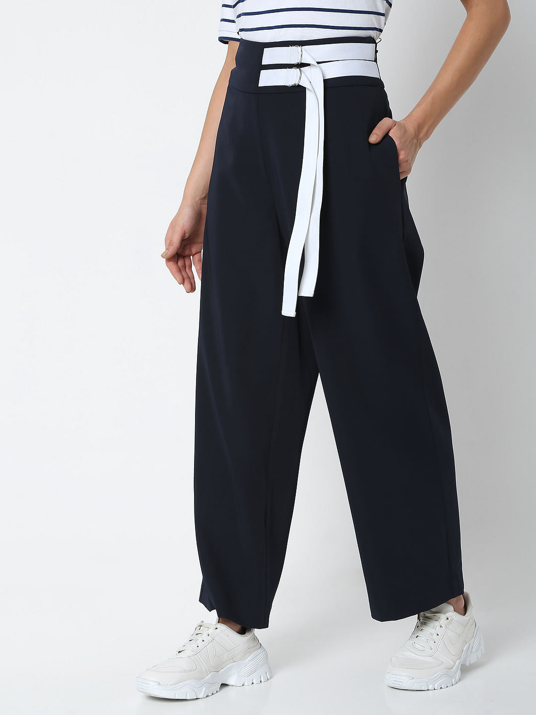 Navy Blue High Rise Wide Leg Pants