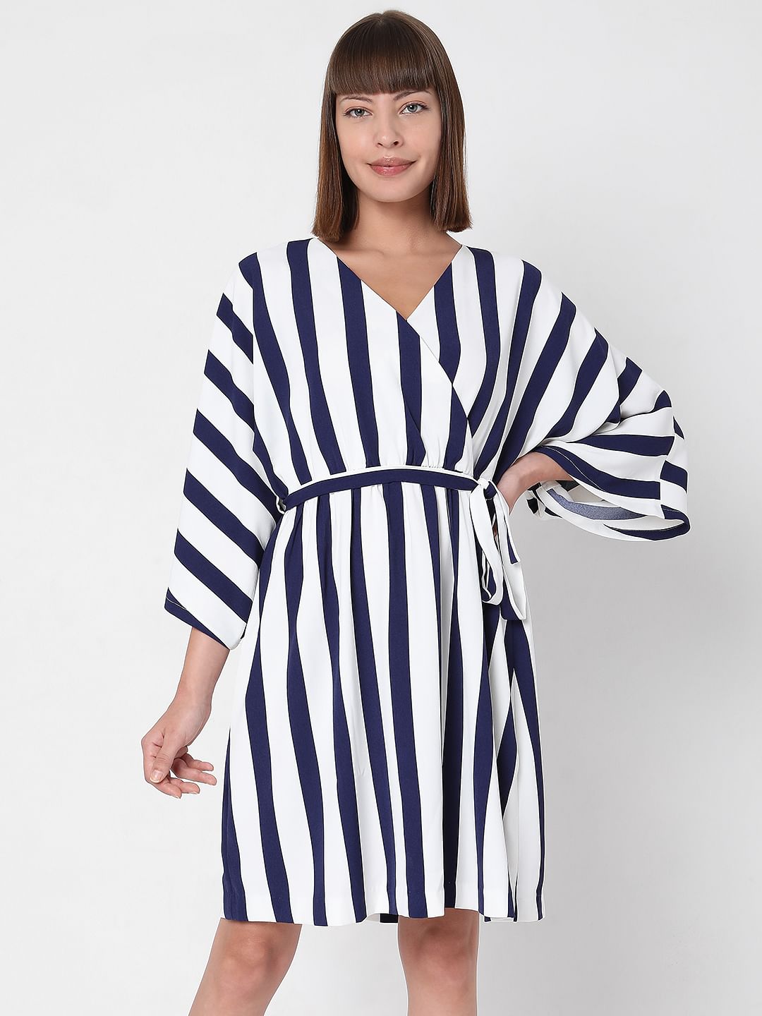 White Striped Fit & Flare Dress