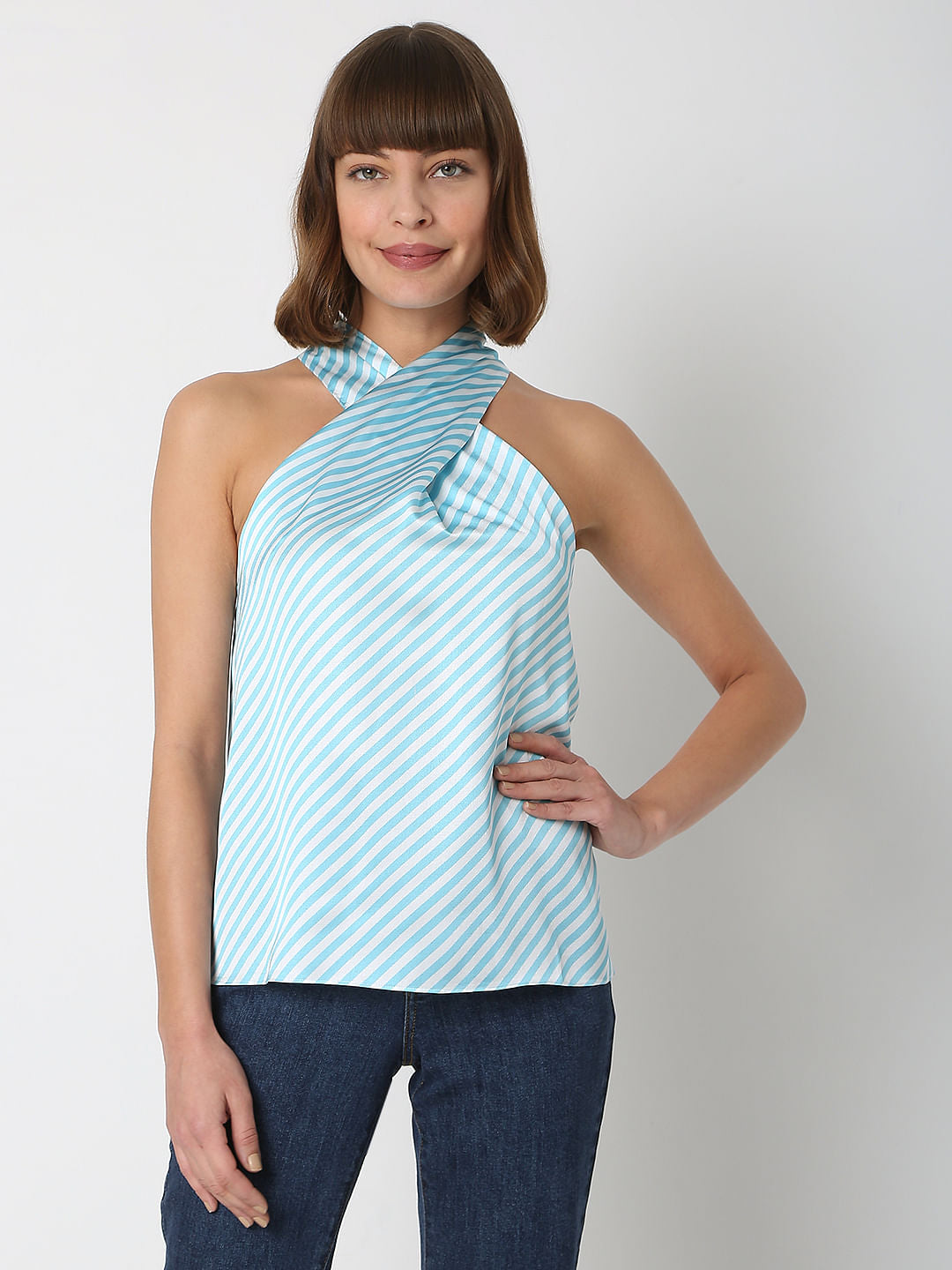 Blue Striped Halter Neck Top