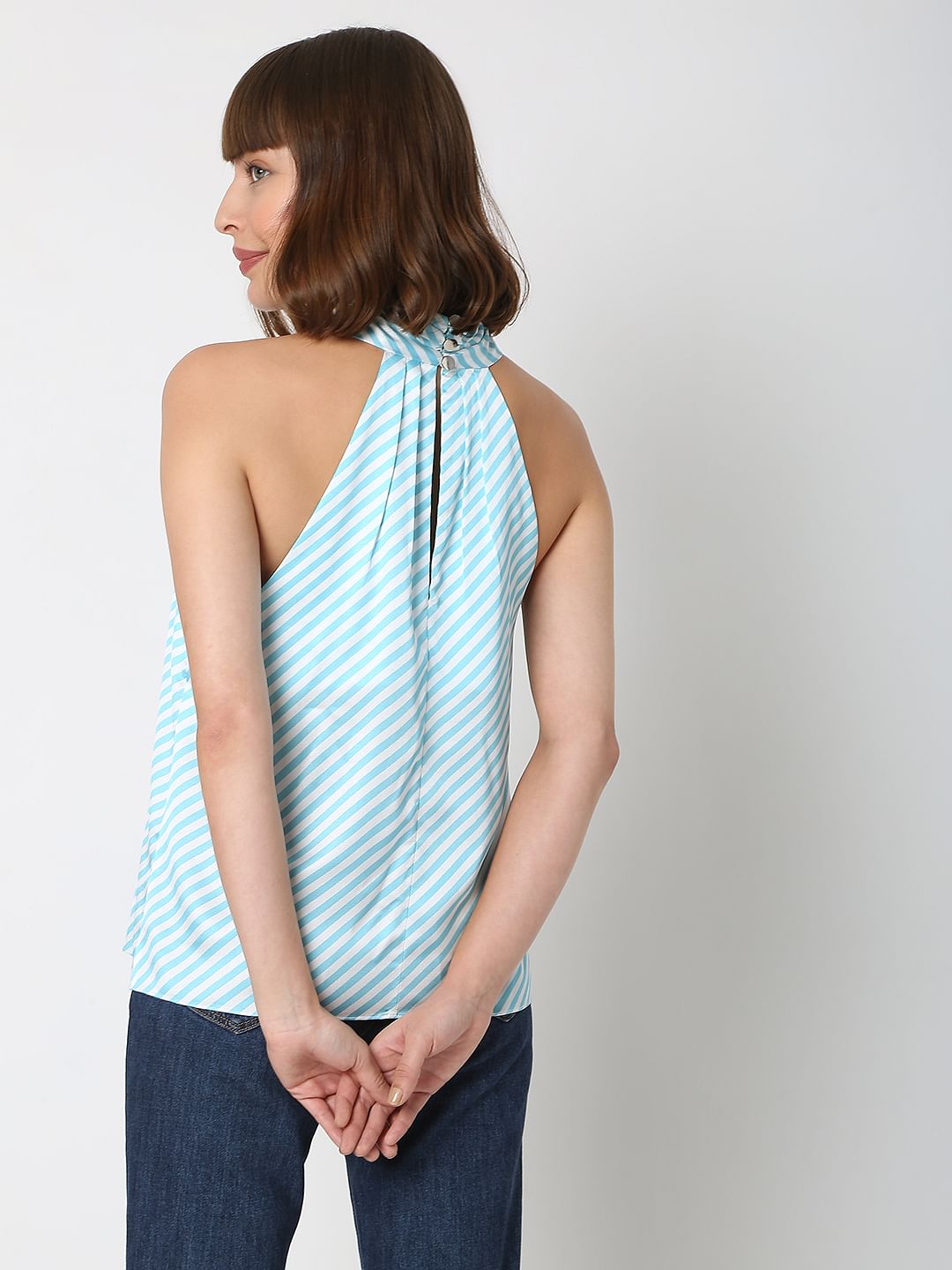 Blue Striped Halter Neck Top