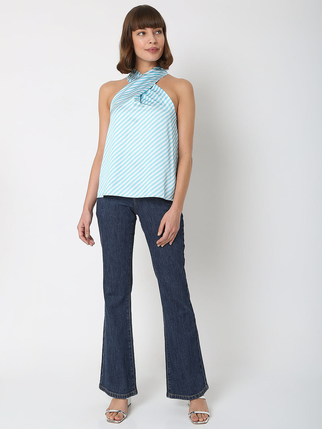 Blue Striped Halter Neck Top