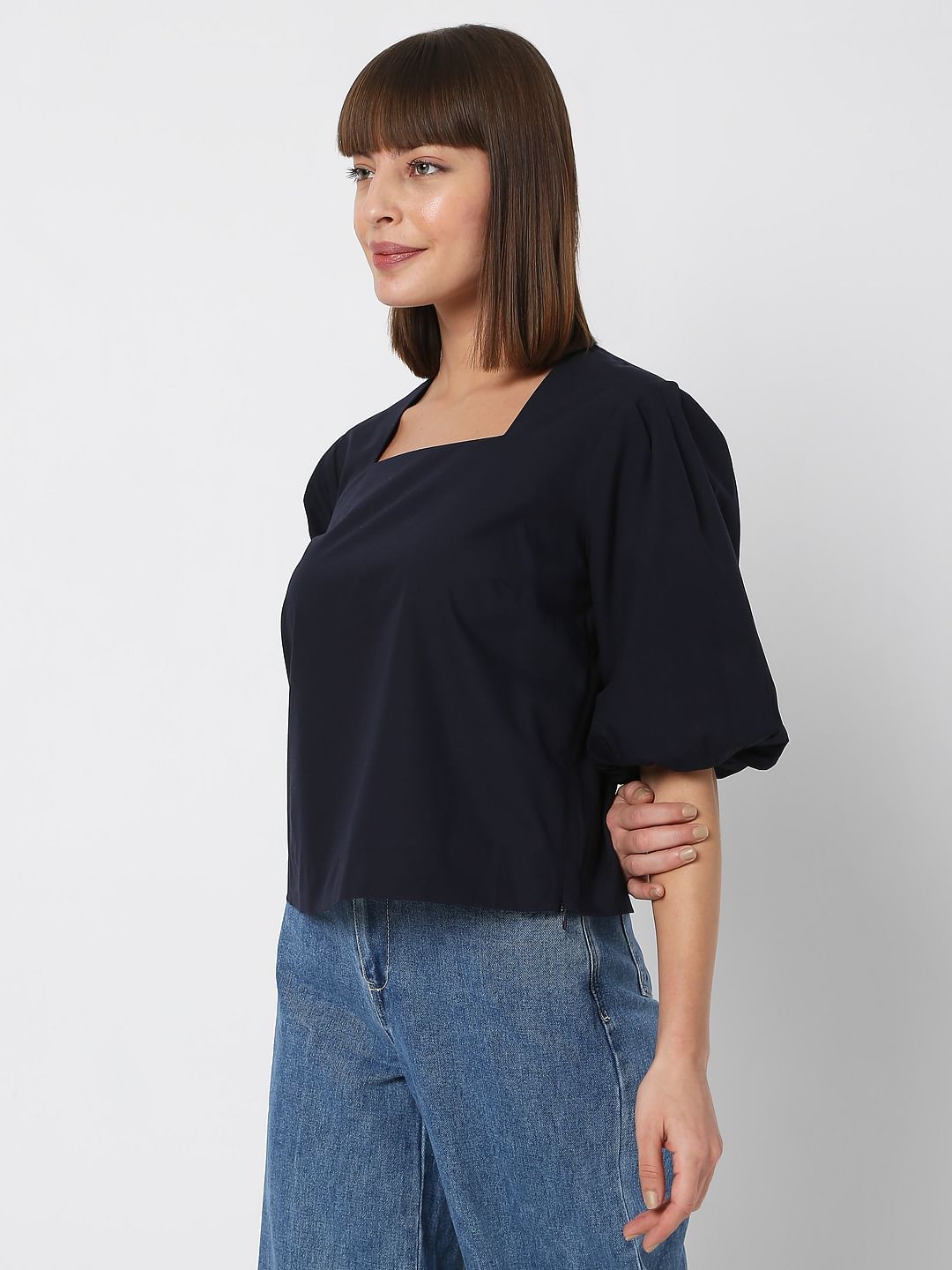 Navy Blue Square Neck Top