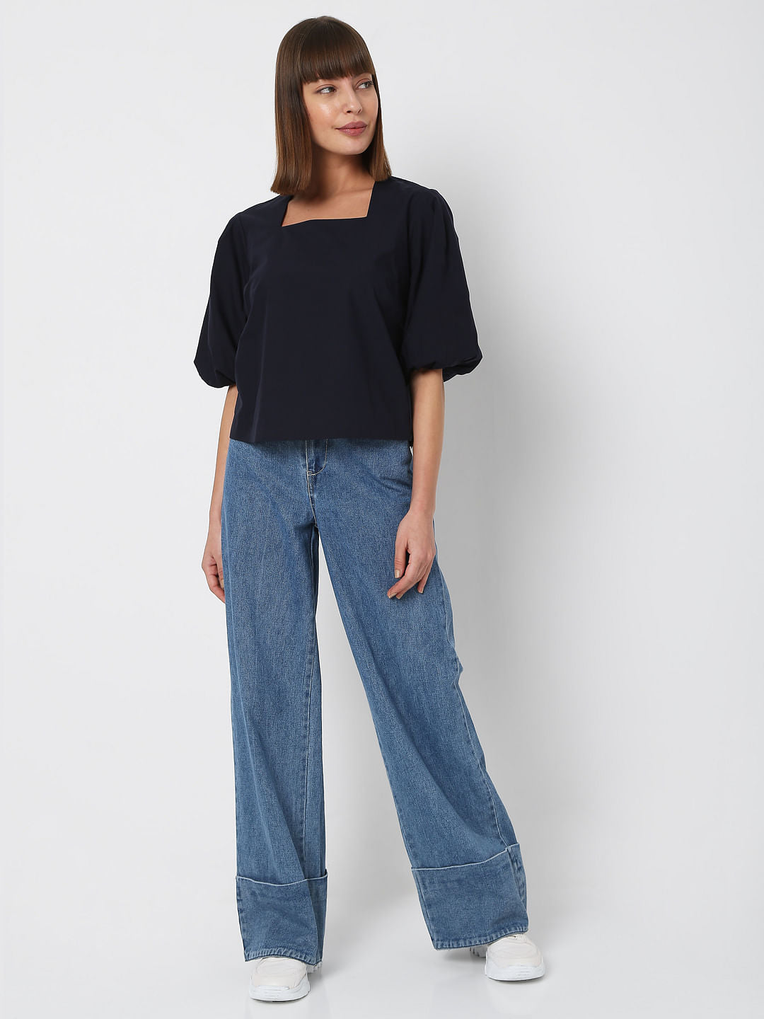 Navy Blue Square Neck Top