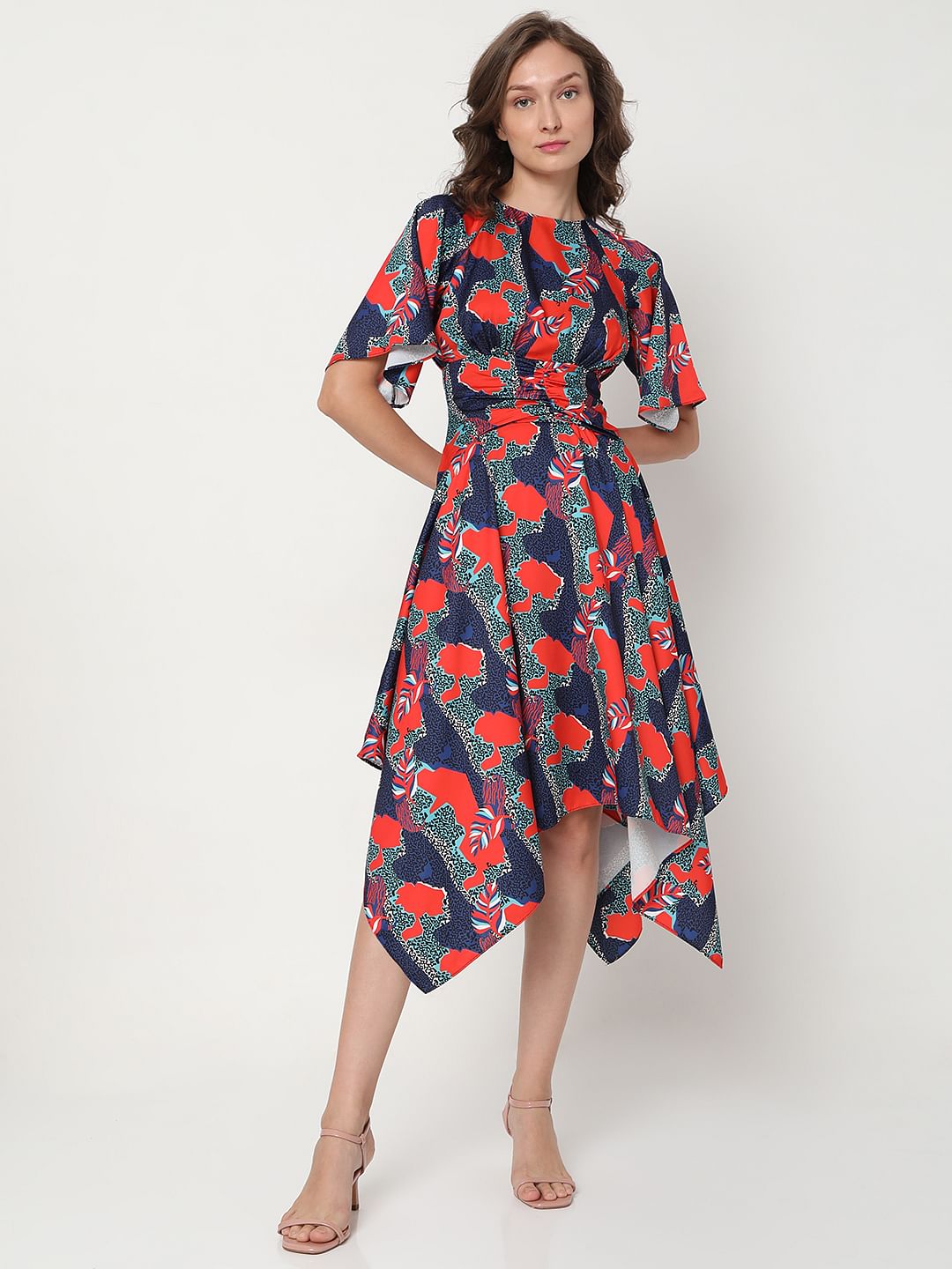 Blue All Over Print Asymmetric Midi Dress