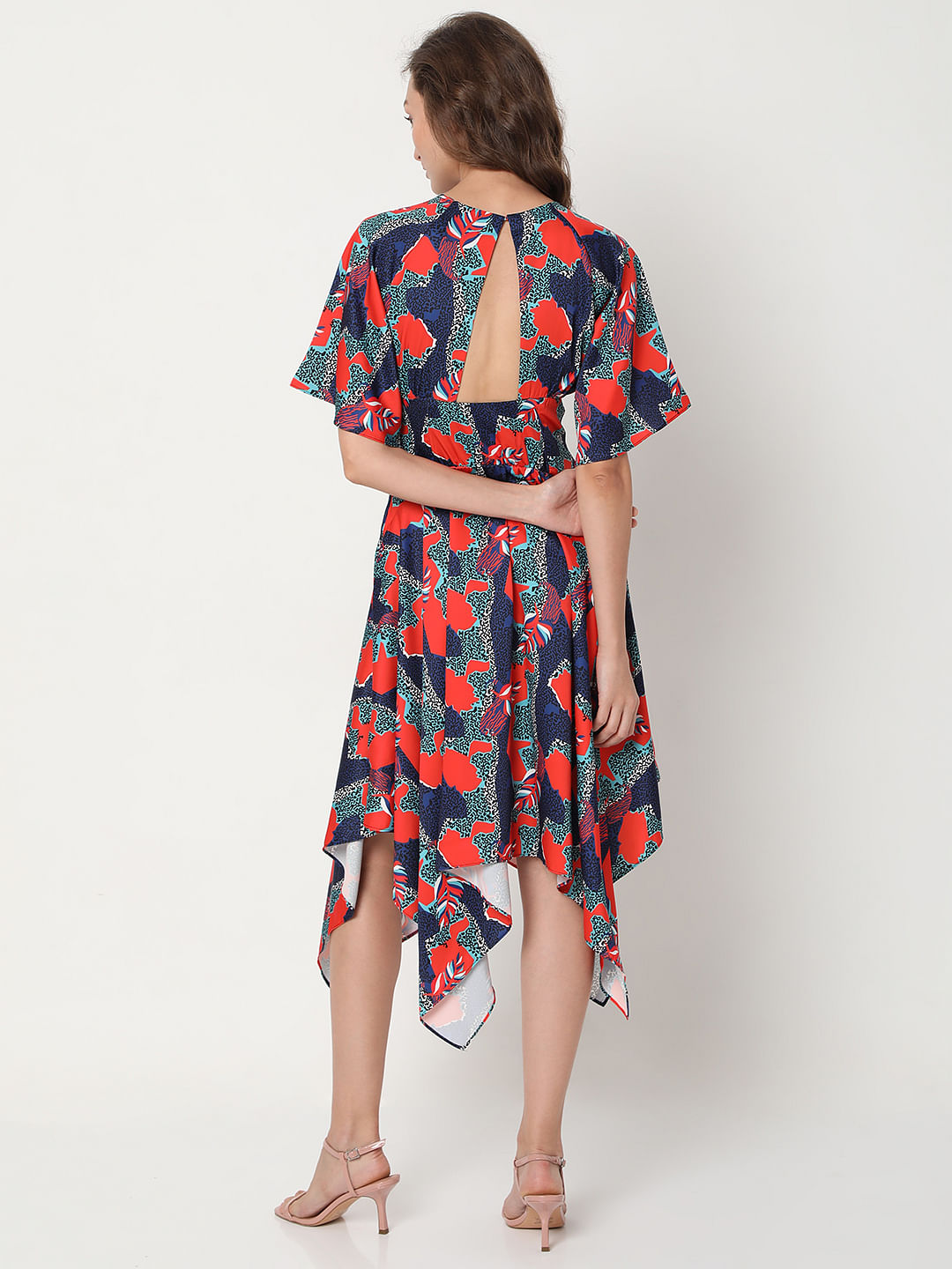 Blue All Over Print Asymmetric Midi Dress