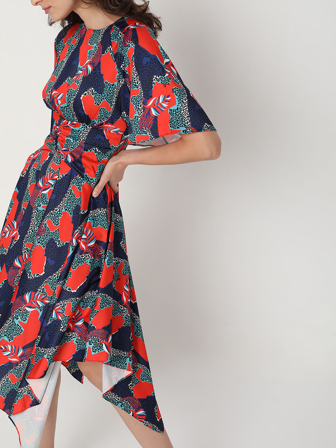 Blue All Over Print Asymmetric Midi Dress
