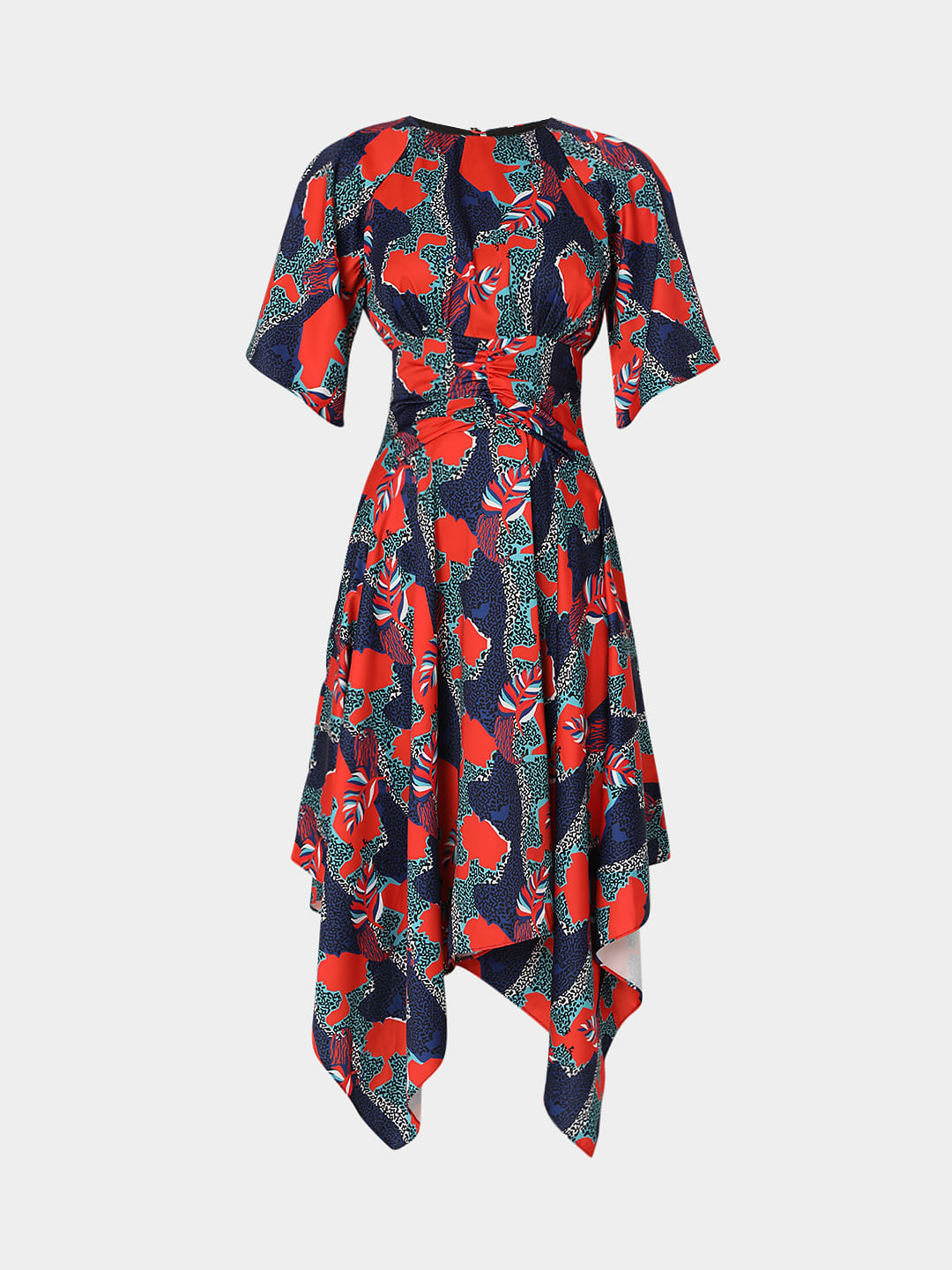 Blue All Over Print Asymmetric Midi Dress