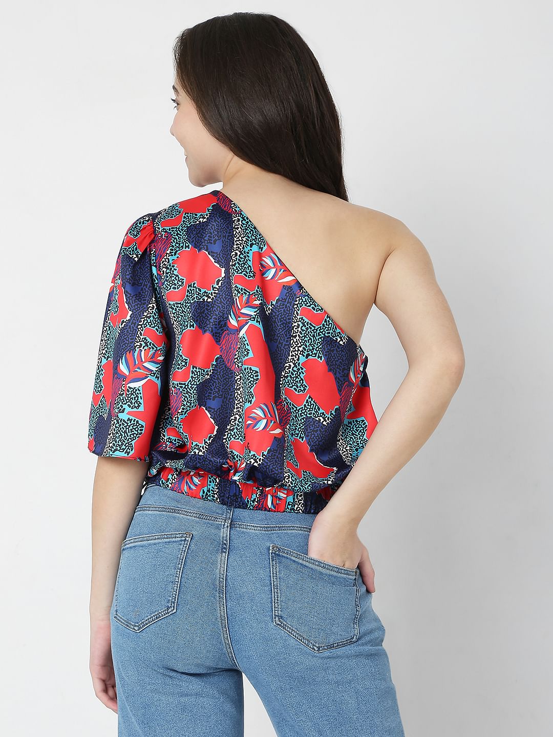 Blue Printed One Shoulder Top