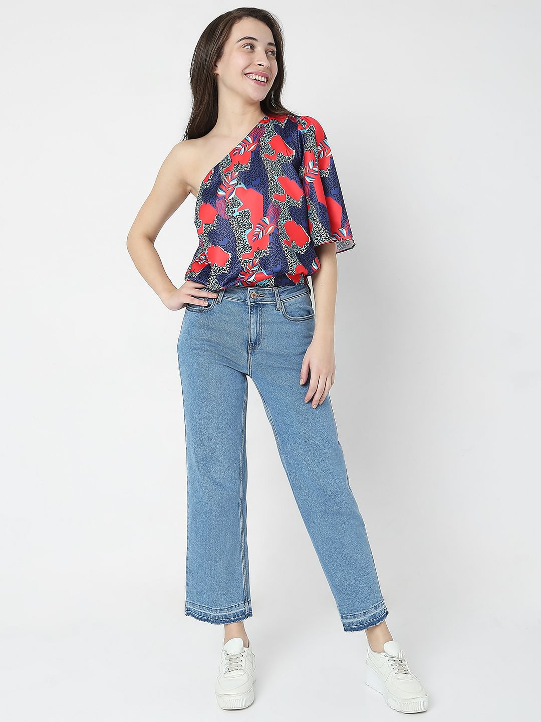 Blue Printed One Shoulder Top