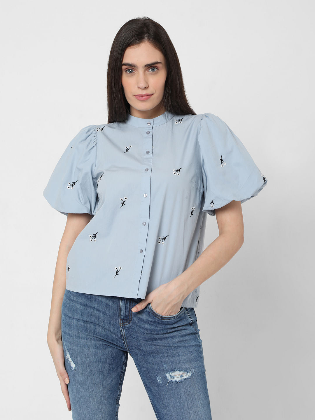 Blue Floral Embroidered Top