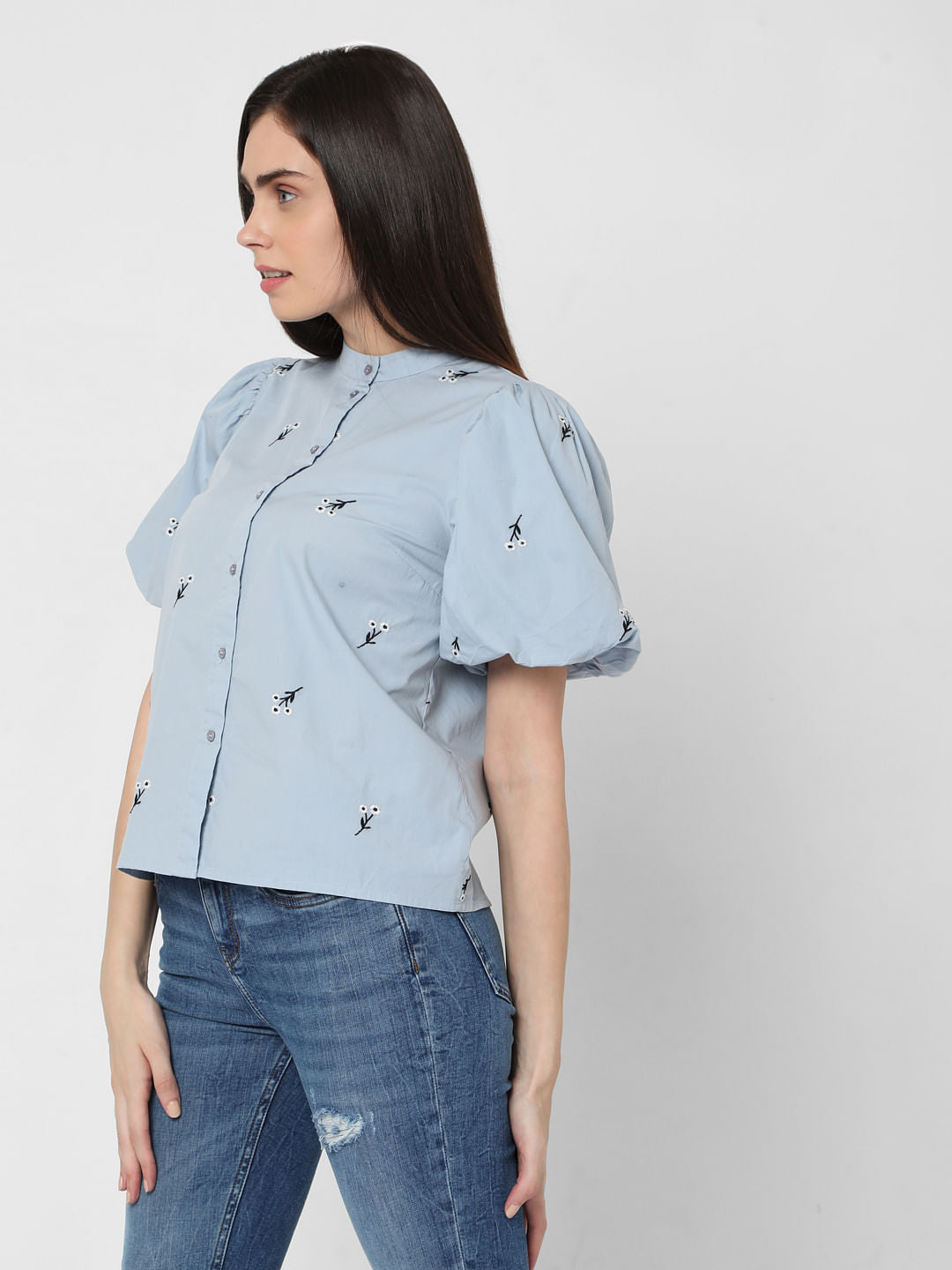 Blue Floral Embroidered Top