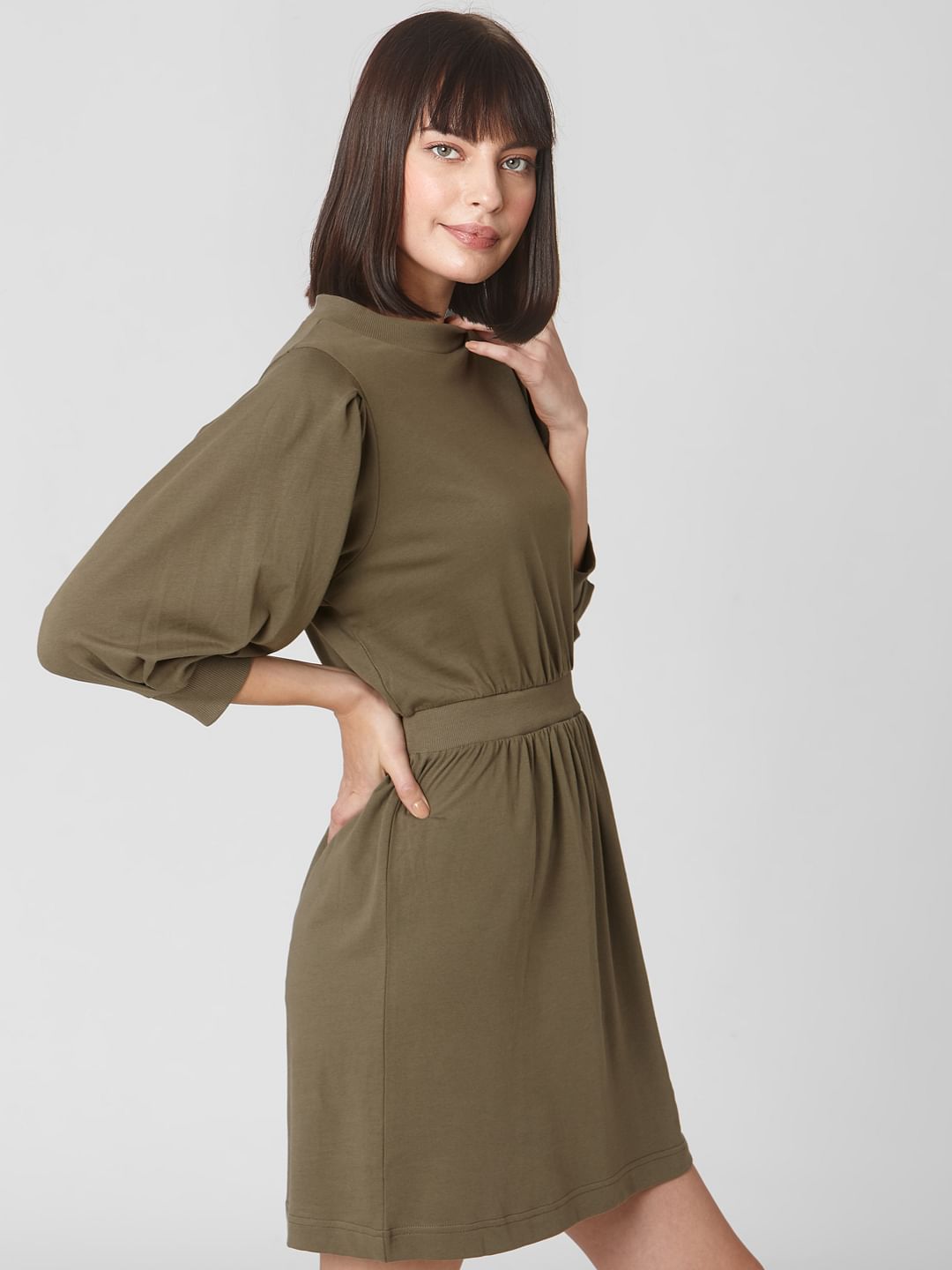Green Cuff Sleeves Fit & Flare Dress