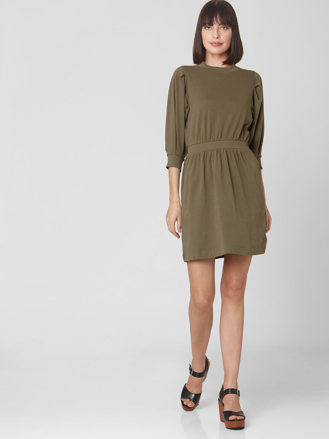 Green Cuff Sleeves Fit & Flare Dress