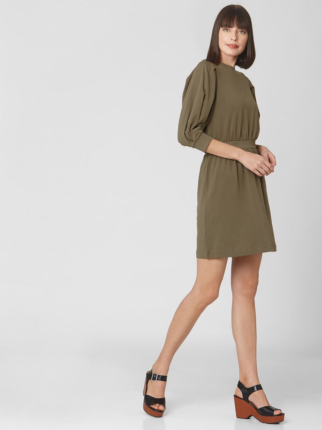 Green Cuff Sleeves Fit & Flare Dress