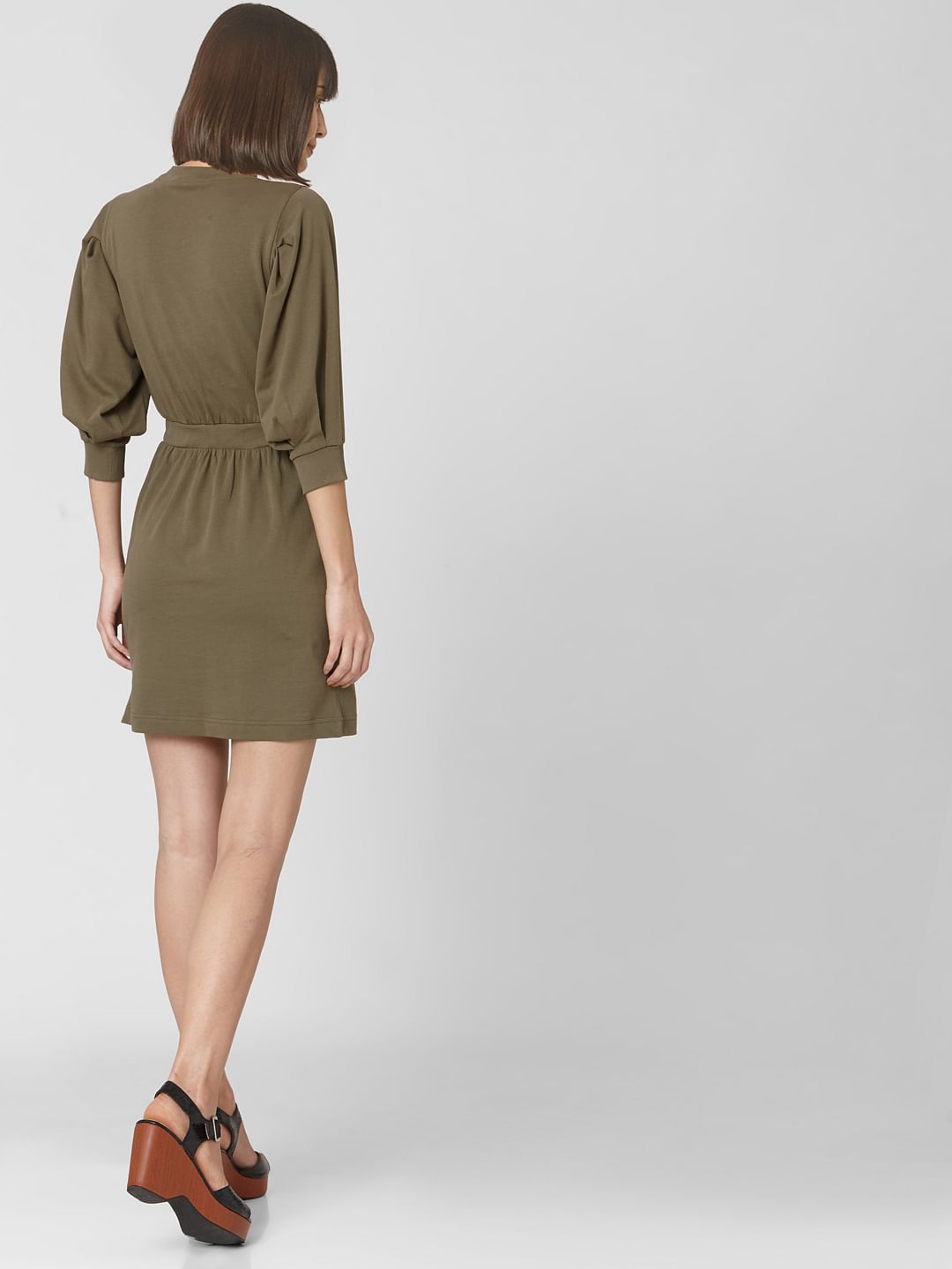 Green Cuff Sleeves Fit & Flare Dress