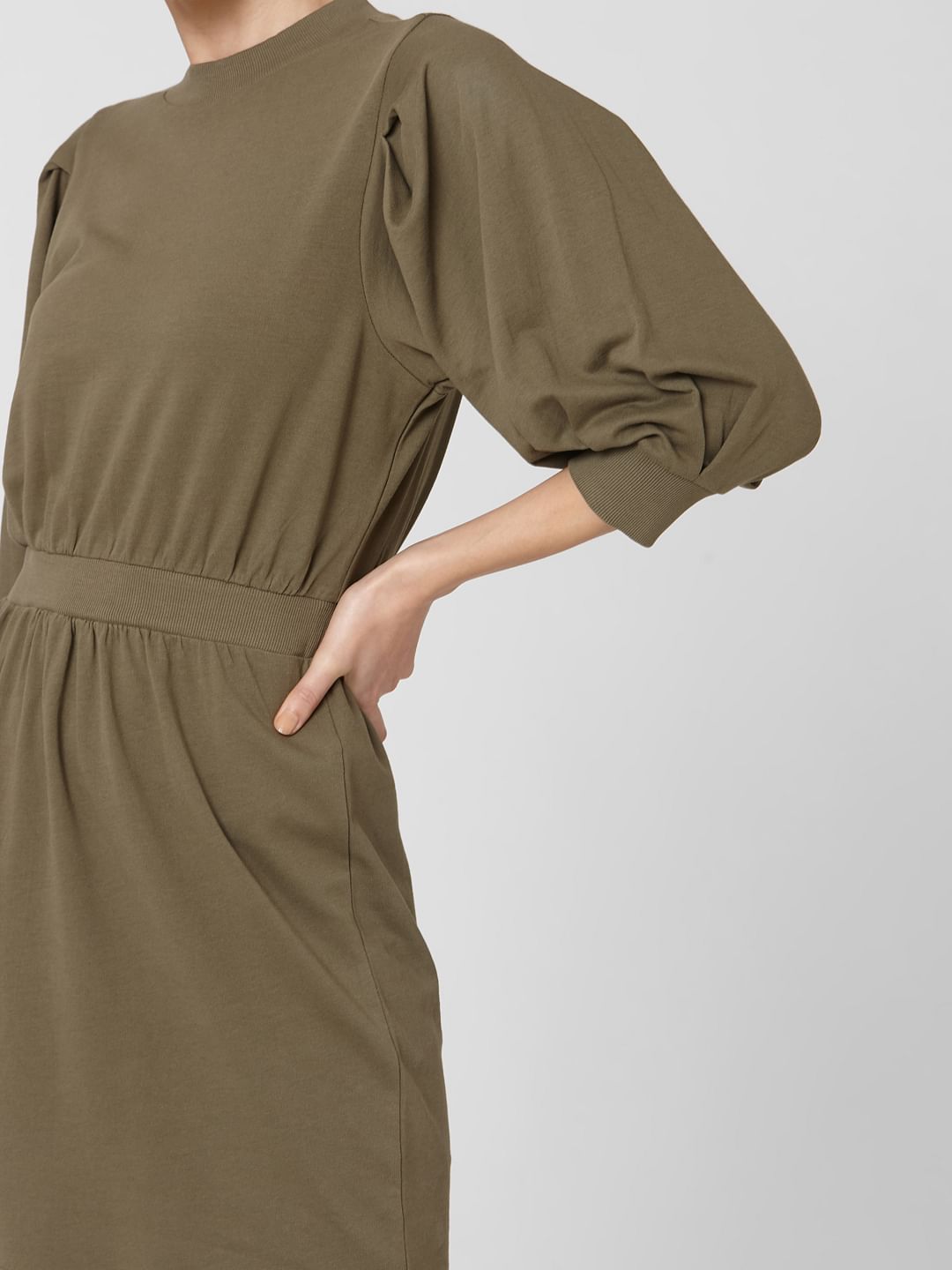 Green Cuff Sleeves Fit & Flare Dress