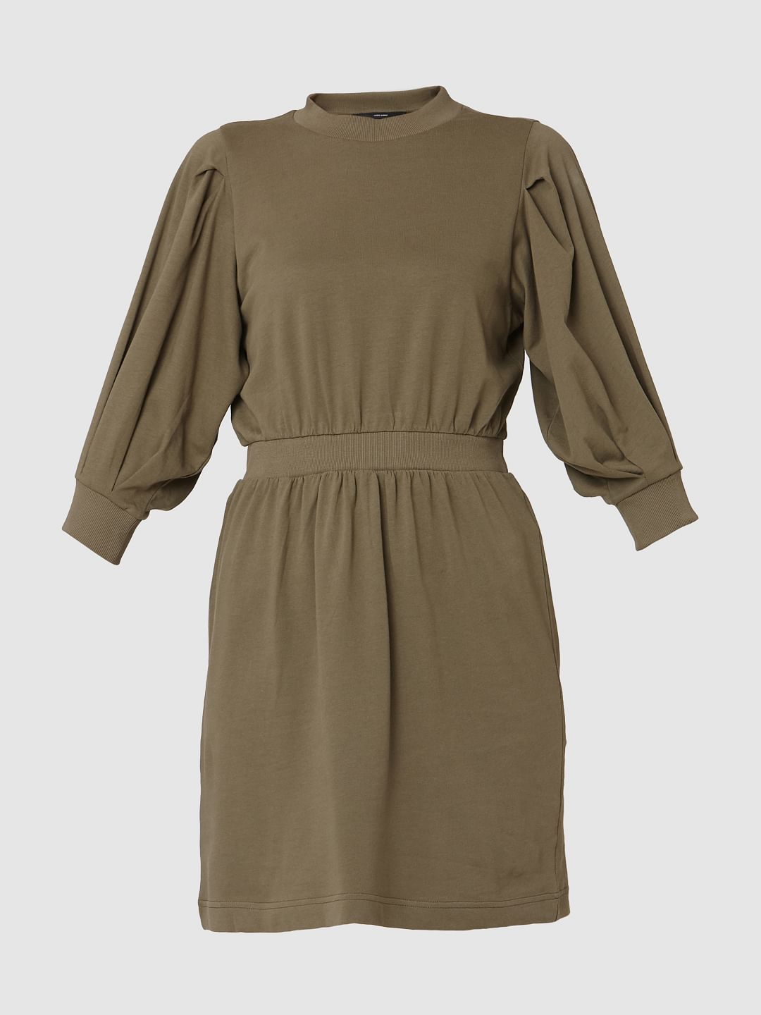 Green Cuff Sleeves Fit & Flare Dress