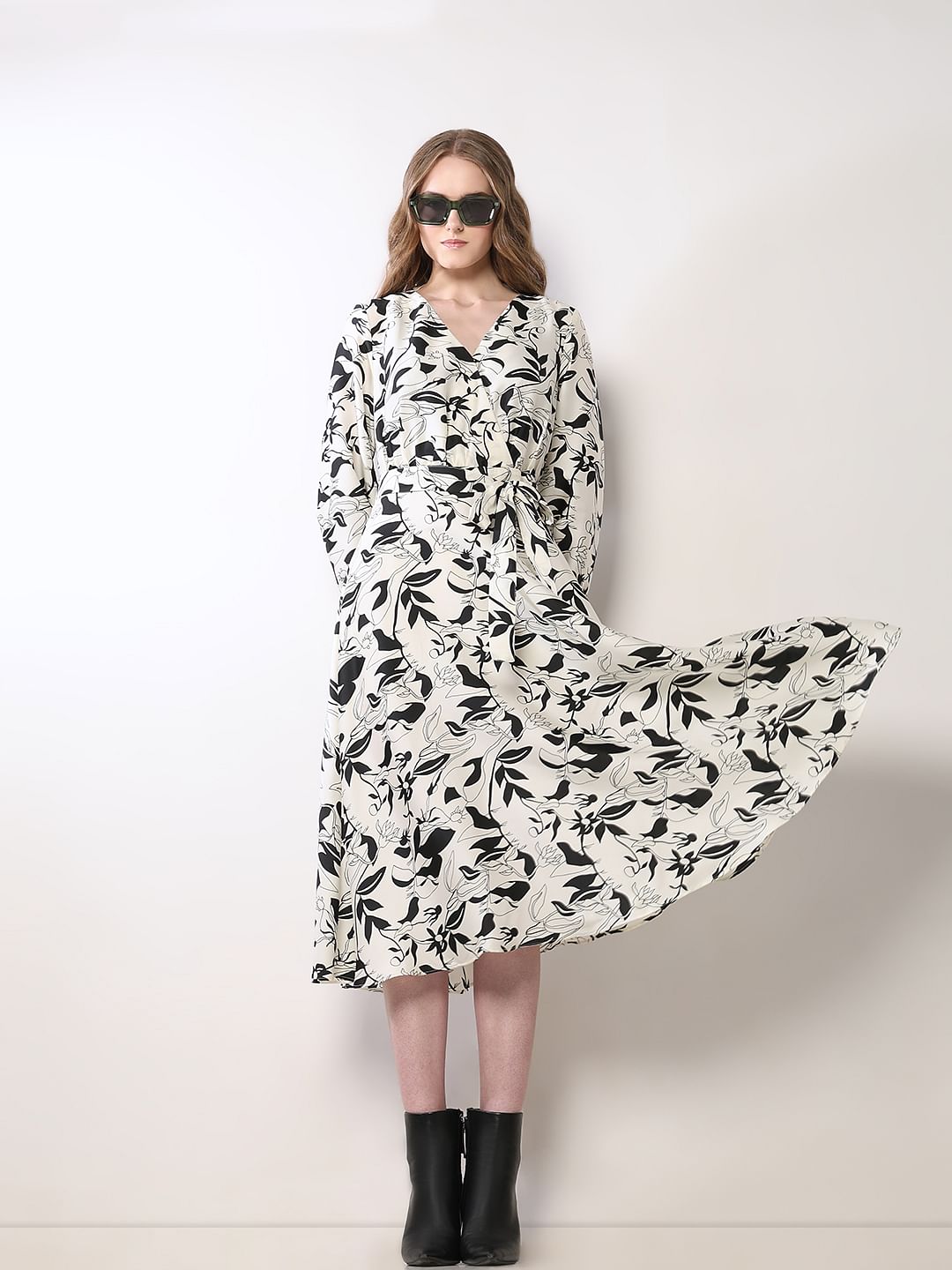 White Floral Wrap Midi Dress