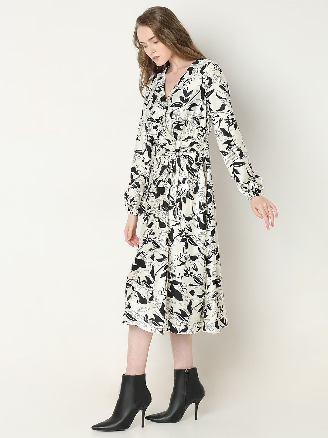 White Floral Wrap Midi Dress