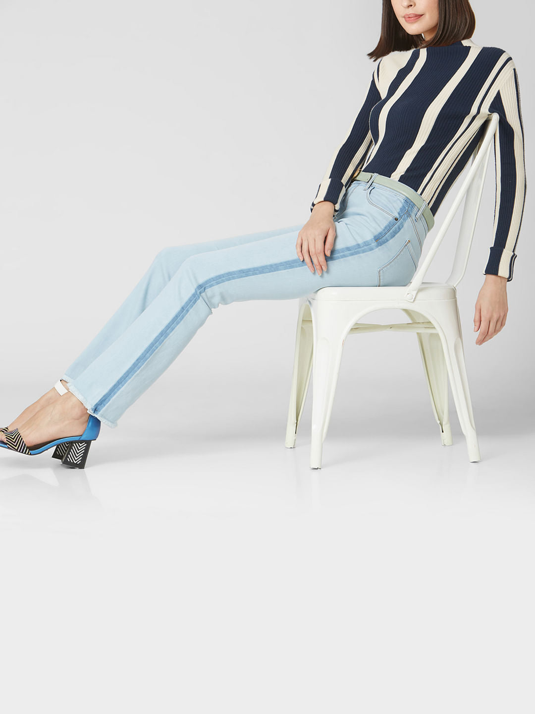 Light Blue Mid Rise Tape Detail Bootcut Jeans