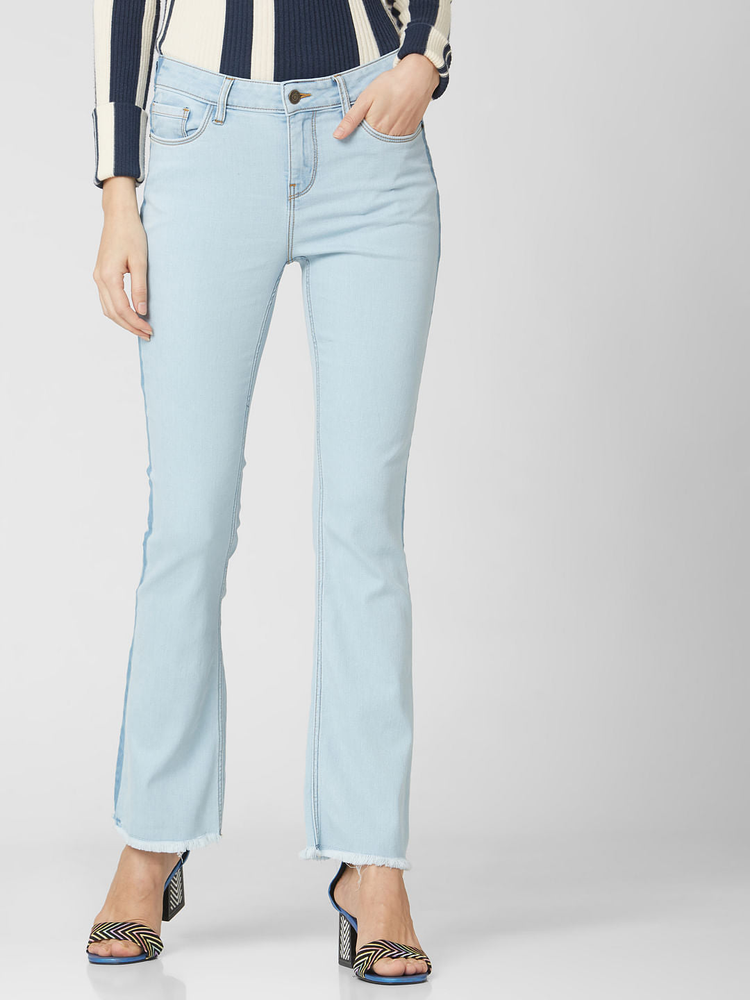 Light Blue Mid Rise Tape Detail Bootcut Jeans - 27