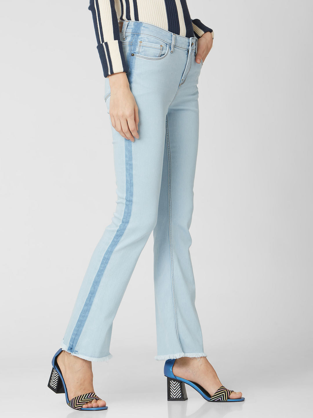 Light Blue Mid Rise Tape Detail Bootcut Jeans
