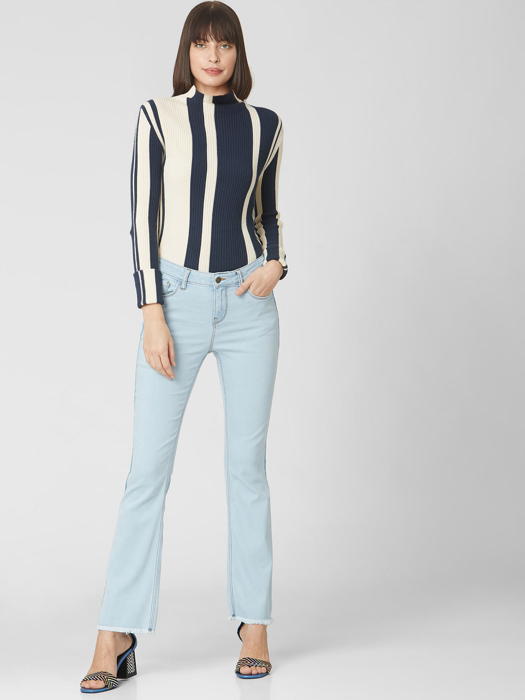 Light Blue Mid Rise Tape Detail Bootcut Jeans