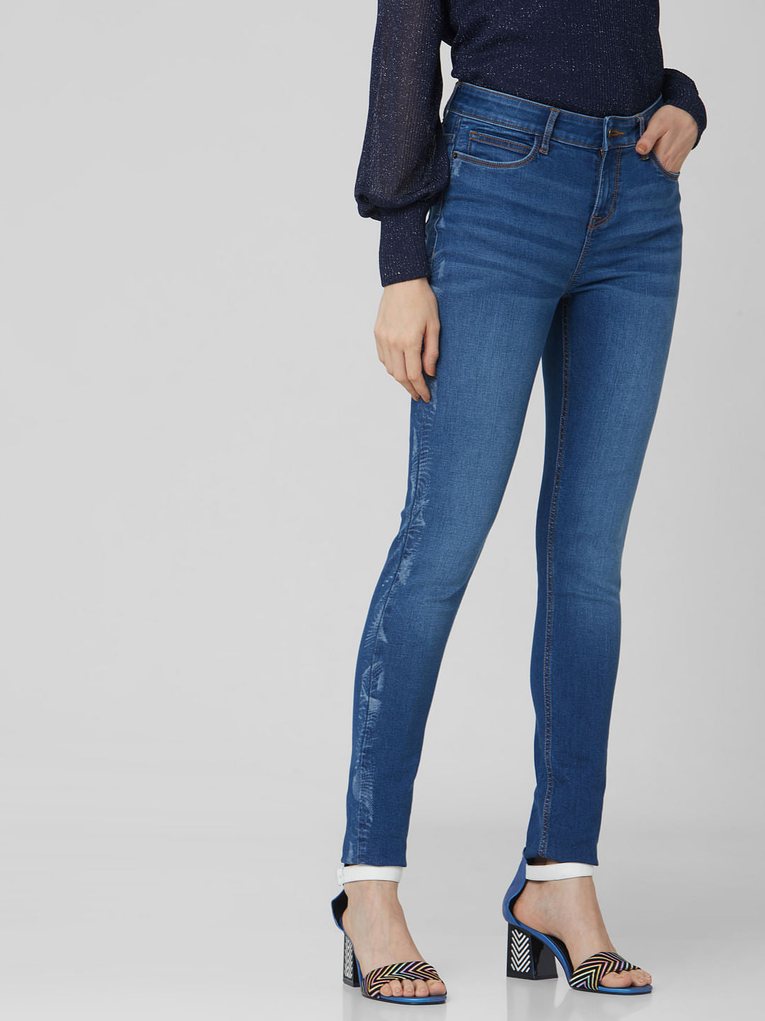 Dark Blue Mid Rise Laser Tape Skinny Jeans
